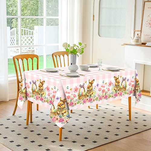 Miniatura 4 de Romanstile Mantel rectangular de primavera de Pascua, diseño a cuadros, diseño de conejo y huevos de búfalo, resistente a las manchas, para cenas,