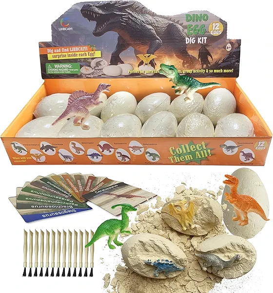 LIHBCAIYI Dino Eggs Dig Kit 12Pcs Dinosaur Excavation Bricks Toys Archaeology Science STEM Experiments Toy Egg Hunt Party Gift for Kids 6-12 Years Old and Up Boys Girls