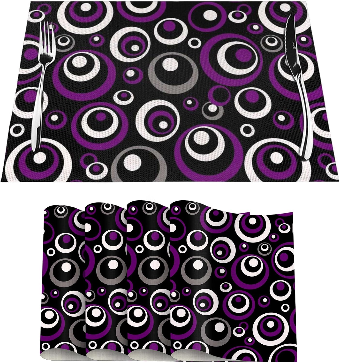 Purple Black Geometric Circles Linen Placemats 12 x 18 Inch Set of 4, Washable Heat Resistant Purple Table Mats for Dining Table Kitchen Party Wedding Outdoor, Modern Home Decor & Gift for Art Lovers