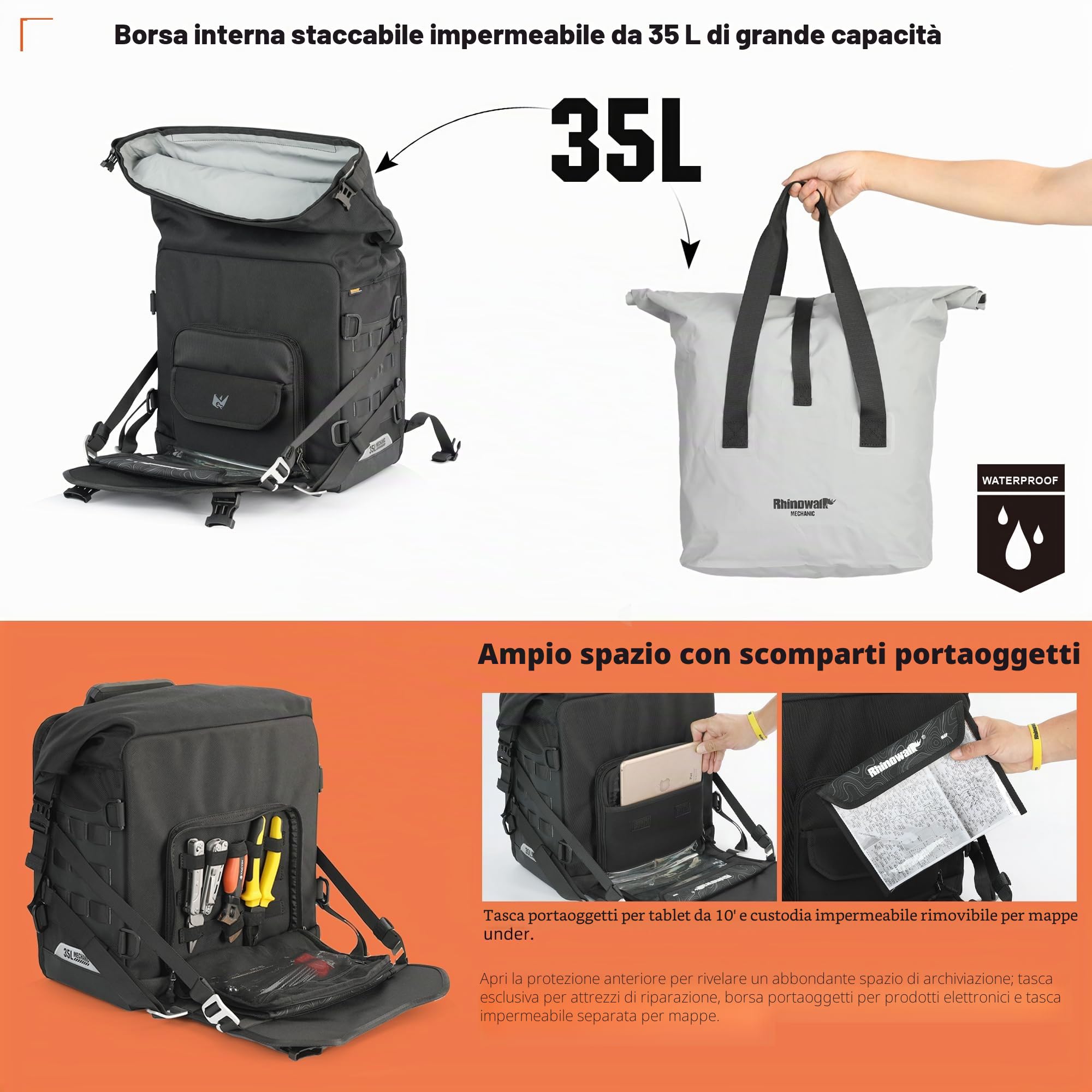 Rhinowalk Borsa da sella per moto, impermeabile, 35 l, a sgancio rapido, accessorio per moto