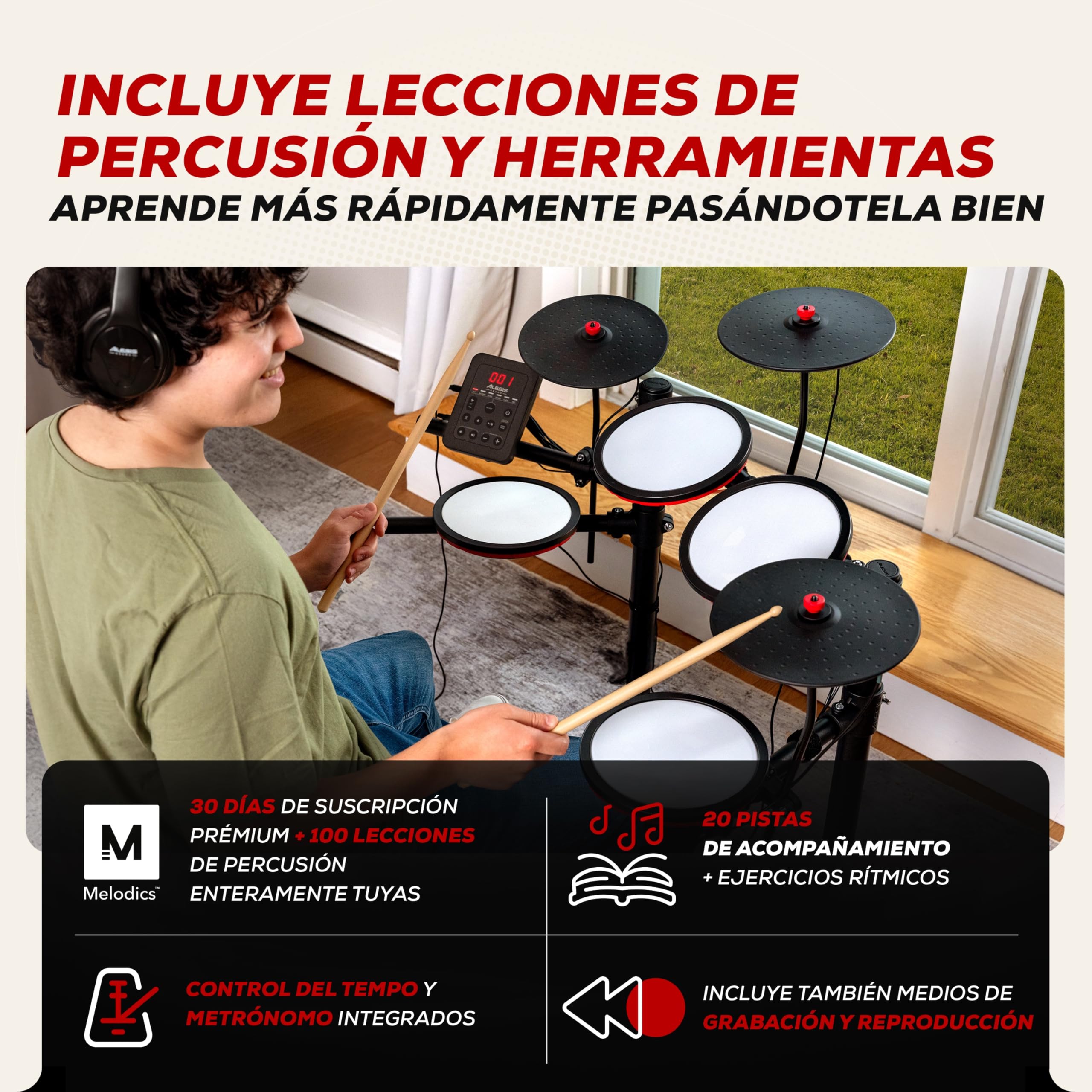 Alesis Turbo Max Batería Electrónica | Compacta, Plegable, Pads de Malla Silenciosos, Toms de 8", Platillos de 8", Bluetooth, Banqueta, Auriculares, Baquetas