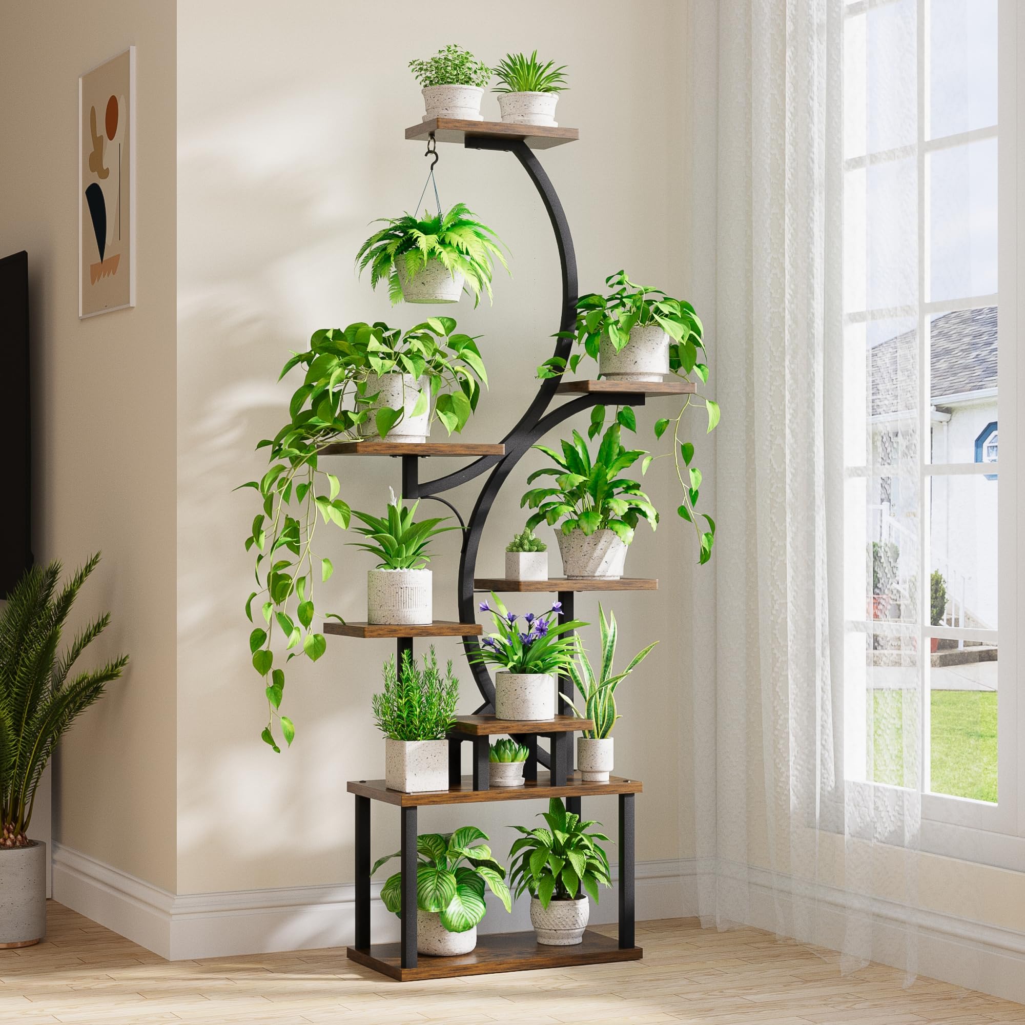 BACEKOLL Support pour Plantes d'Intérieur à 8 Niveaux - 157,5 cm de Haut, en Métal, Forme S pour Maison et Terrasse (Noir)