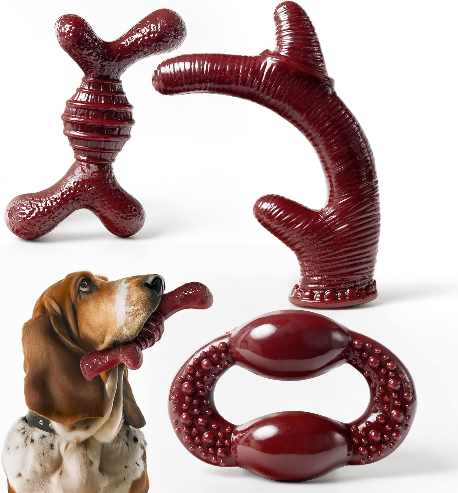 Petdexon Dog Chew Toys for Aggressive Chewers Large Medium Small Breed Dogs, 3-Pack Indestructible Dog Toys, Tough Dog Bone Chew Toy Durable Dog Toys, Best Extreme Chew Toys (Maroon red)
