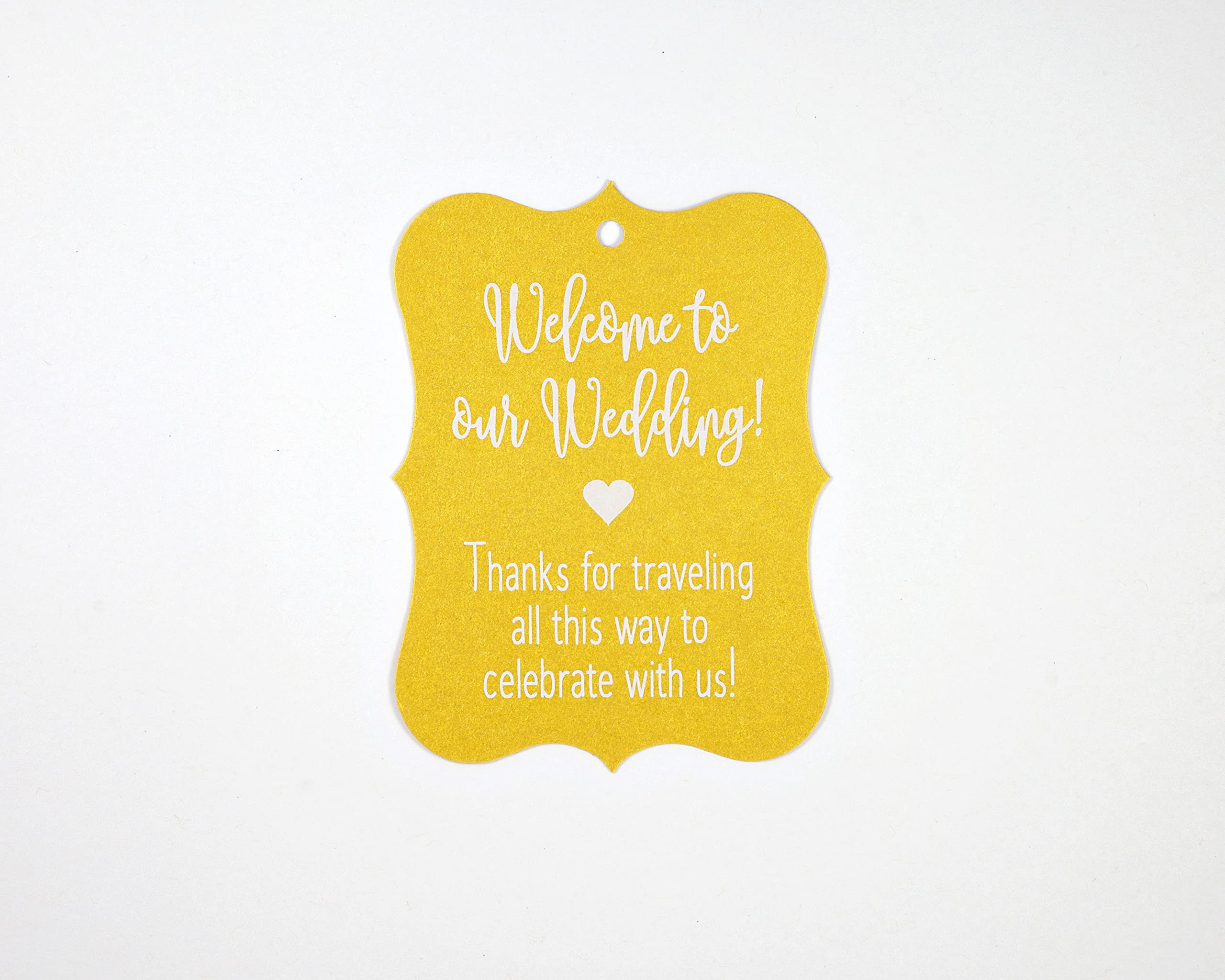 24 ct Hotel Welcome Bag Tags, Welcome Wedding Tags, Destination Wedding Tags (EC-369) (White on Metallic Gold)