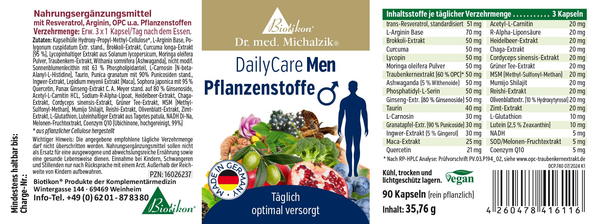 DailyCare Men Pflanzenstoffe nach Dr. Michalzik, 70 mg L-Arginin, 90 Kapseln