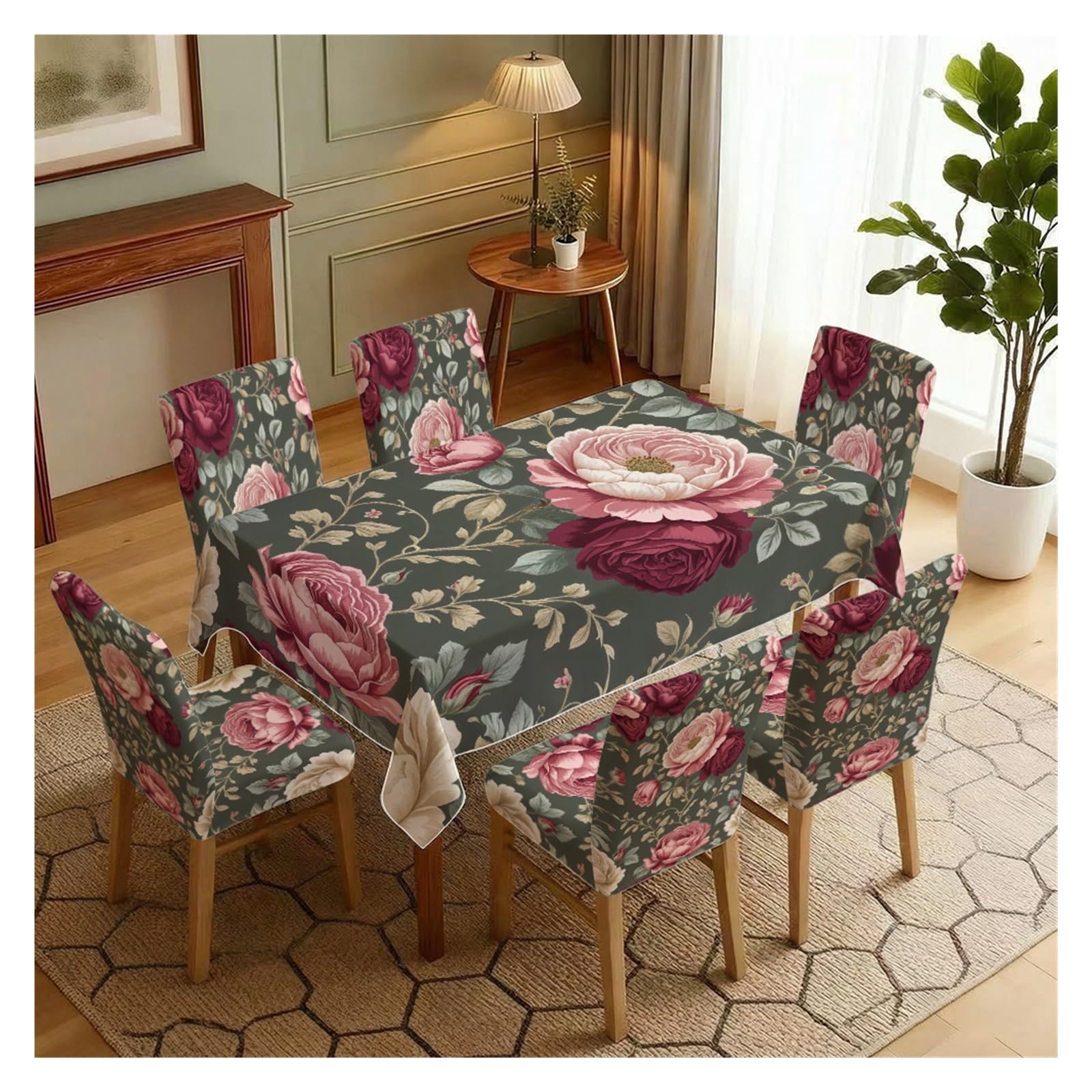 BOSUYBN Dark Green Base Vintage Burgundy Rose Floral Printed Dining Tablecloth & Chair Covers Set, 5/7 Piece Luxury Moody Cottage Home Decor Table Setting(7pcs Set: Tablecloth+Chair Covers)