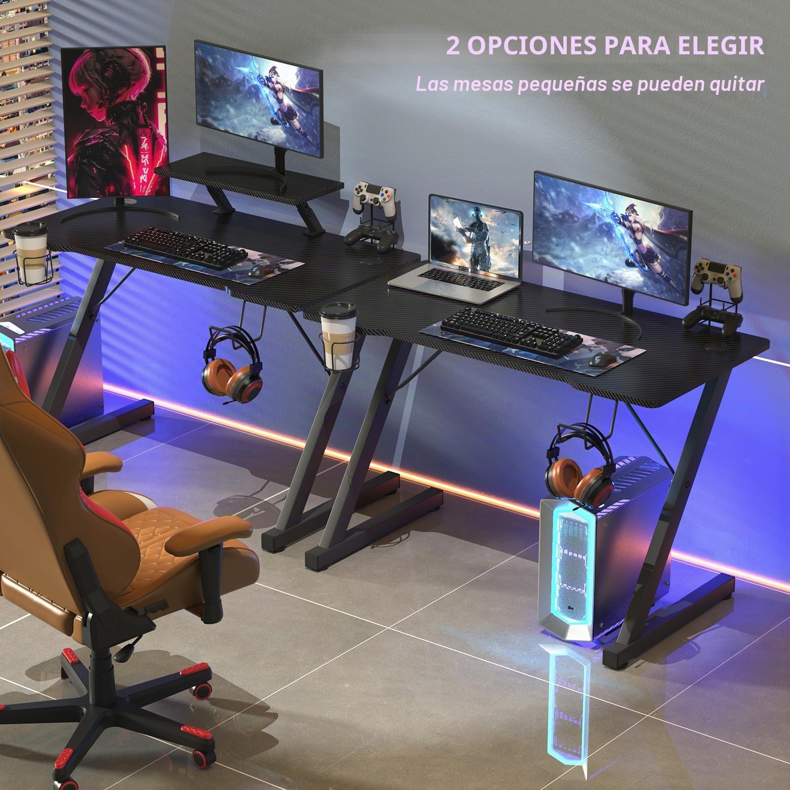PIPIPOXER Mesa Gaming en Forma de Z 100x55x75cm, Escritorio Gaming con Soporte Monitor, Escritorio Gaming con Tablero de Fibra de Carbono, Gaming Desk para con Portavasos y Gancho para Auriculares