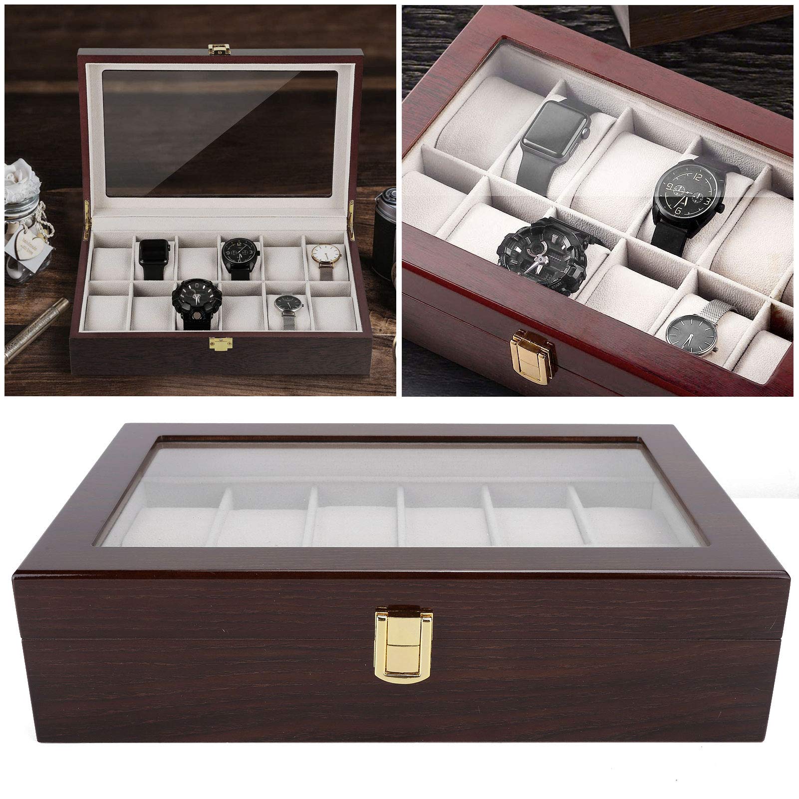 Boîte de rangement en bois pour montres, 12 compartiments