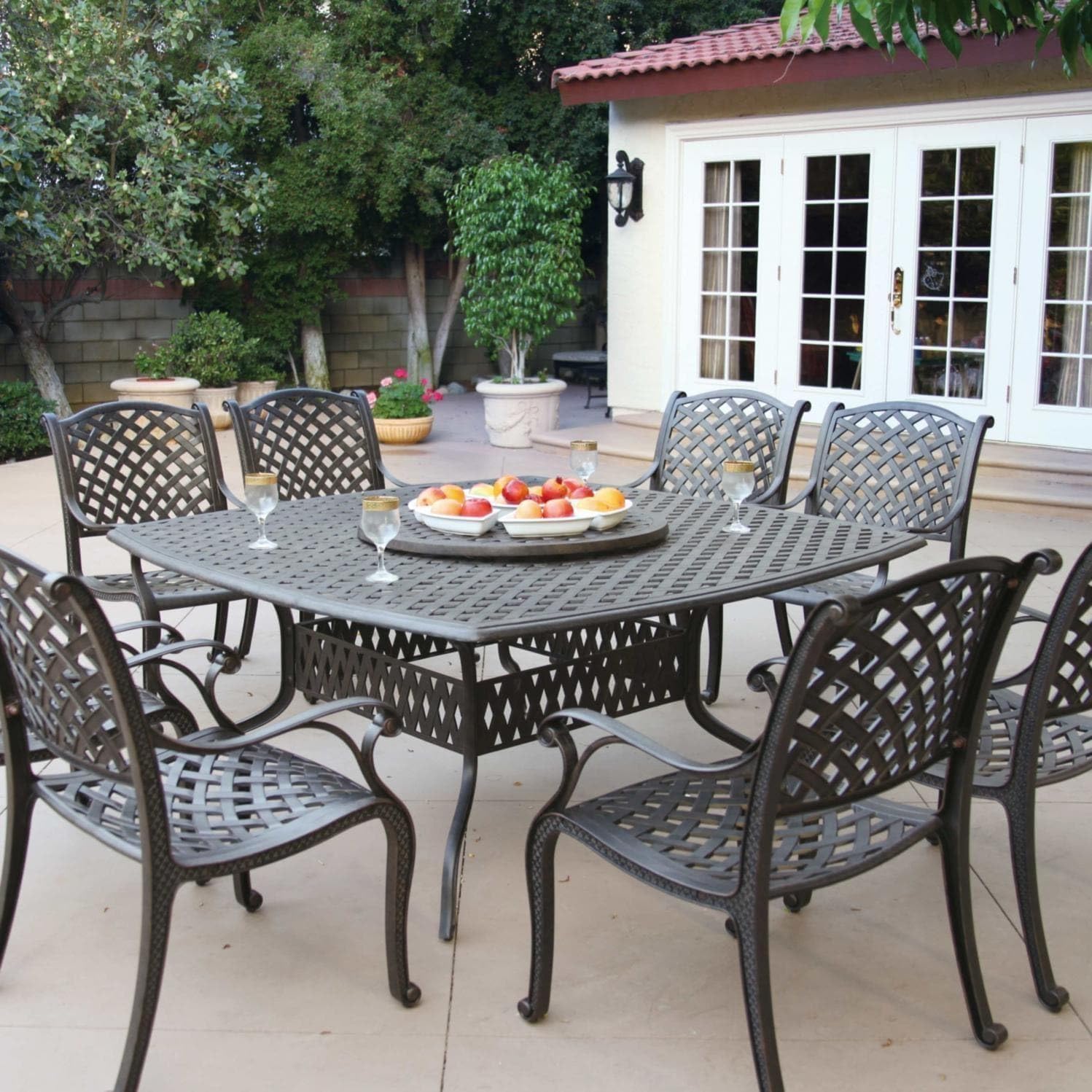 Darlee Nassau 10 Pc Cast Aluminum Dining Set w/ 64 Inch Square Series 30 Table & Lazy Susan in Antique Bronze/Sesame
