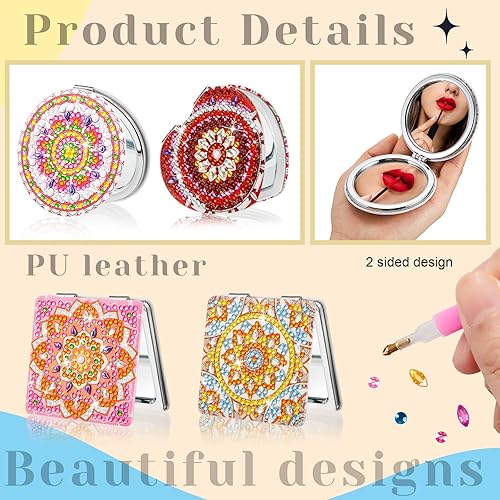 Miniatura 5 de Marsui Espejo compacto de pintura de diamante con mandala, espejo de bolsillo con cubierta de pintura de diamante, aumento portátil, plegable,