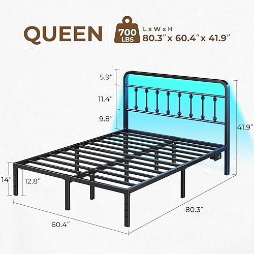 Miniatura 2 de Rolanstar Base de cama Queen con plataforma de metal de 14 pulgadas con cabecero, estación de carga y luces LED, almacenamiento debajo de la cama,