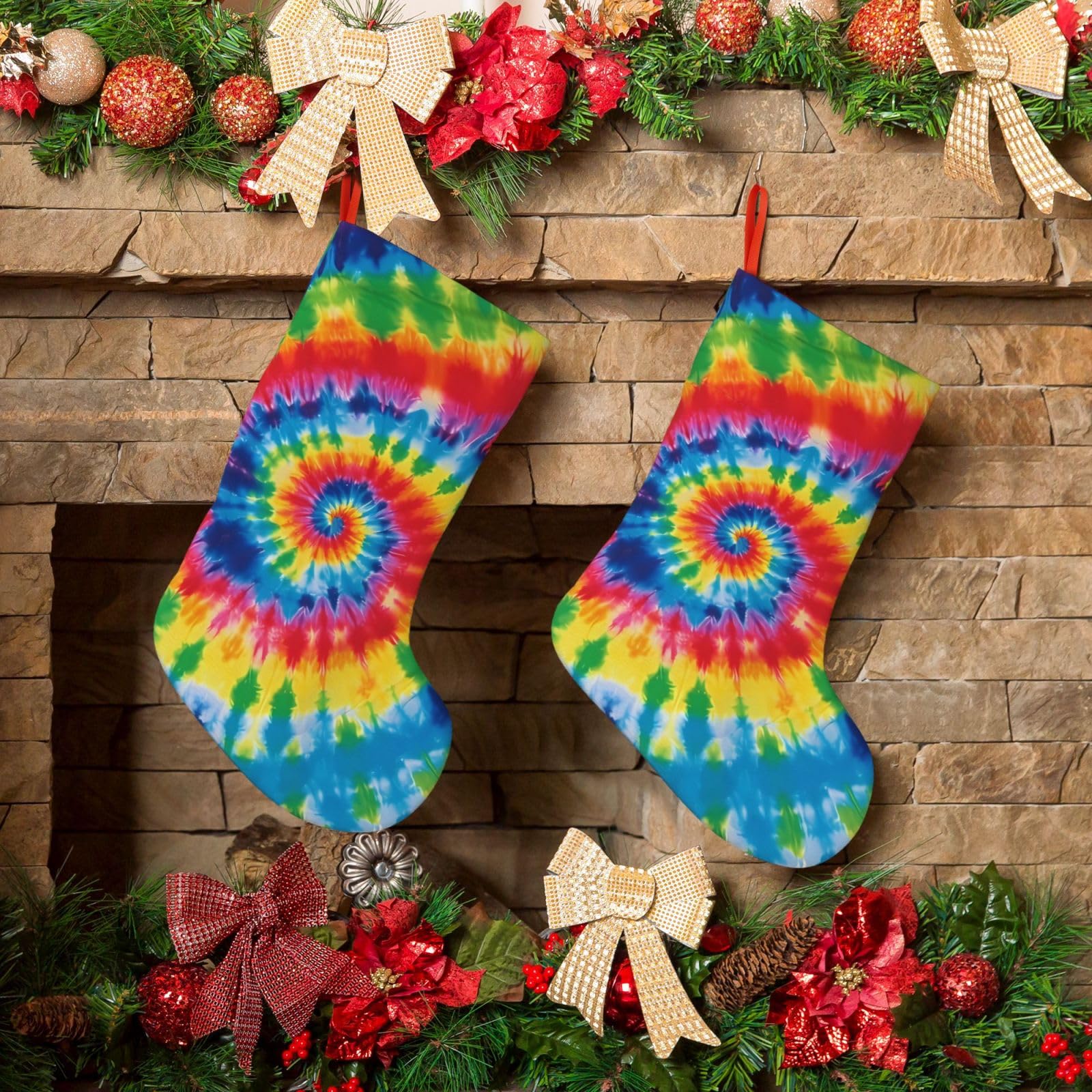 KLOPH Christmas Stockings 18" Personalized Xmas Stocking tie dye Rainbow Decoration Stocking Hanging Fireplace Stocking for Holiday Xmas Tree Christmas Fireplace Decor