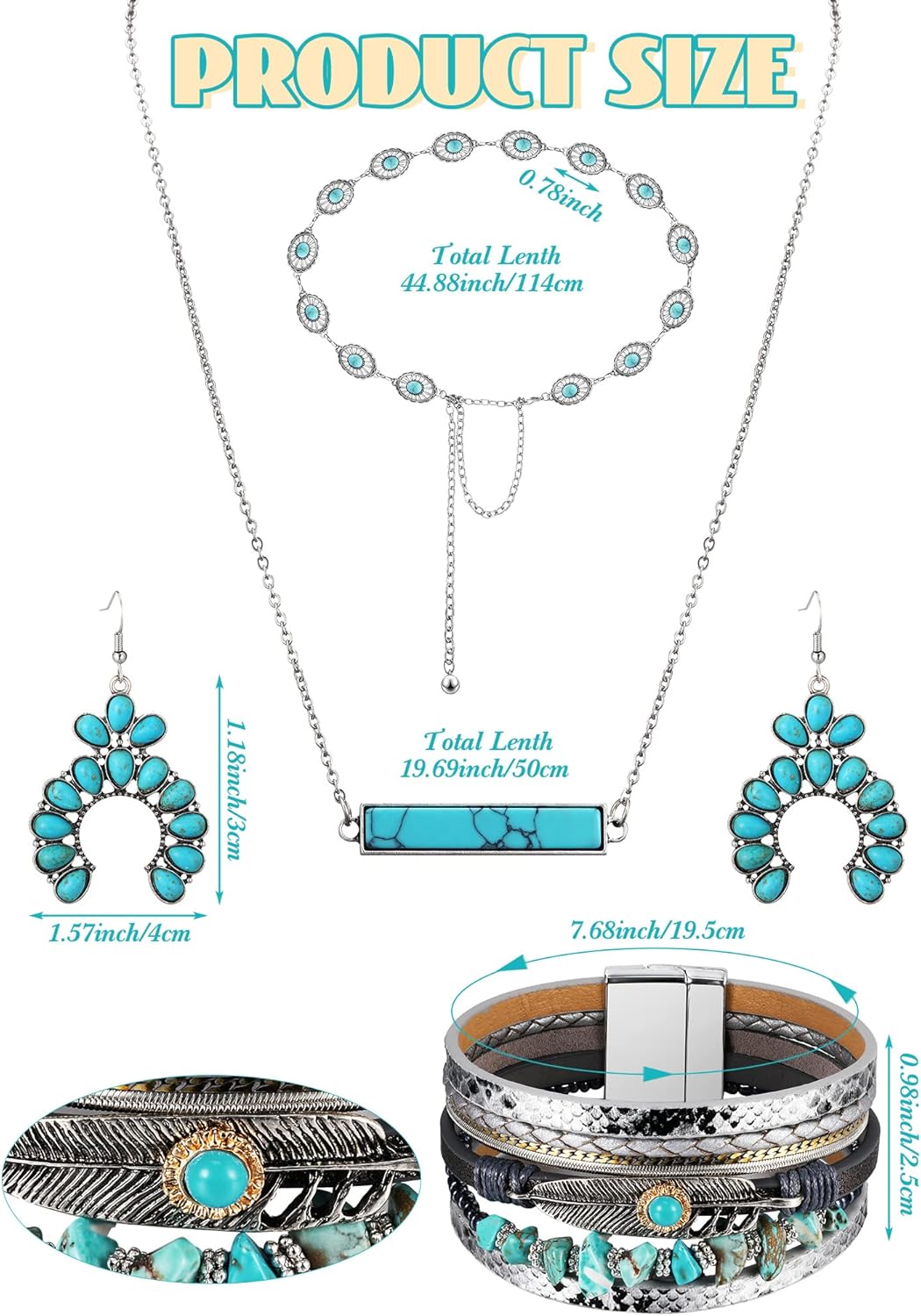 Nosiny 4 Pcs Bohemian Jewelry Turquoise Set for Women Western Turquoise Set Waist Belt Vintage Drop Earring and Necklace Boho Wrap Bracelet - Image 3