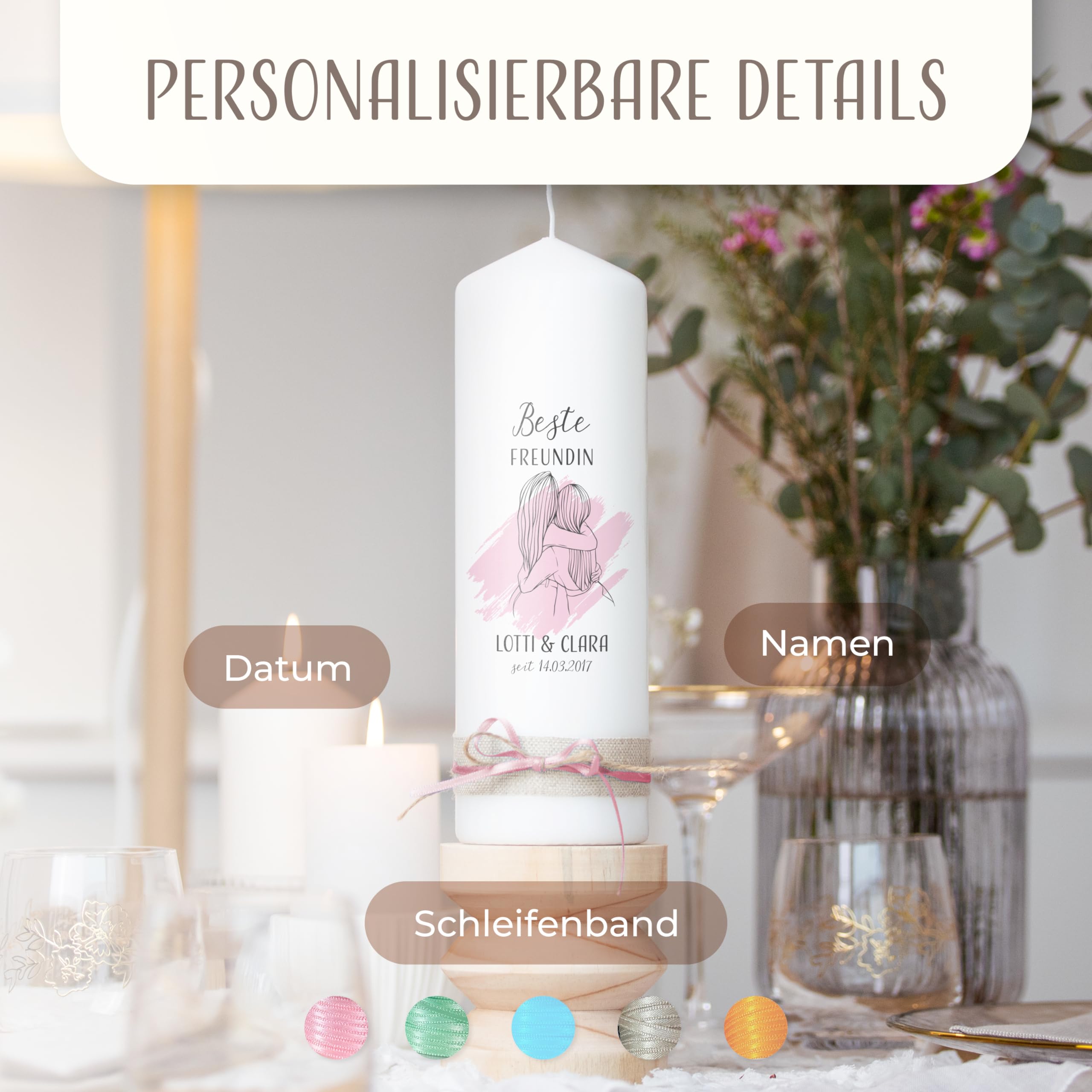 AMARI ® Freundschaftskerze BFF (002.01.01) H:25cm personalisiert -Beste Freundin Kerze - Geschenk für die beste Freundin - Besondere Kerze mit Namen & Aufschrift - Handgefertigt in Deutschland
