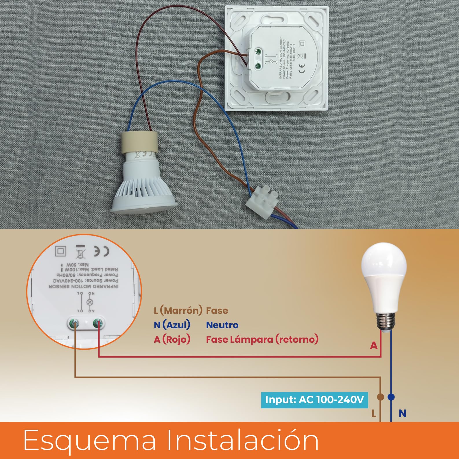 LED ATOMANT 5X Detector de Movimiento Empotrable con Sensor Luminico | Alcance 10m, Sensor luminico regulable, Medidas Standard compatibles Caja Pared