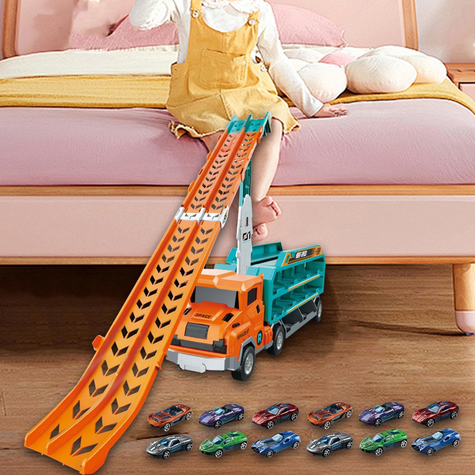 Camión Transportador de Coches de Juguete, Camión de Transporte Transformable, Divertido Camión de Juguete Plegable, Transportador de Almacenamiento D, Naranja