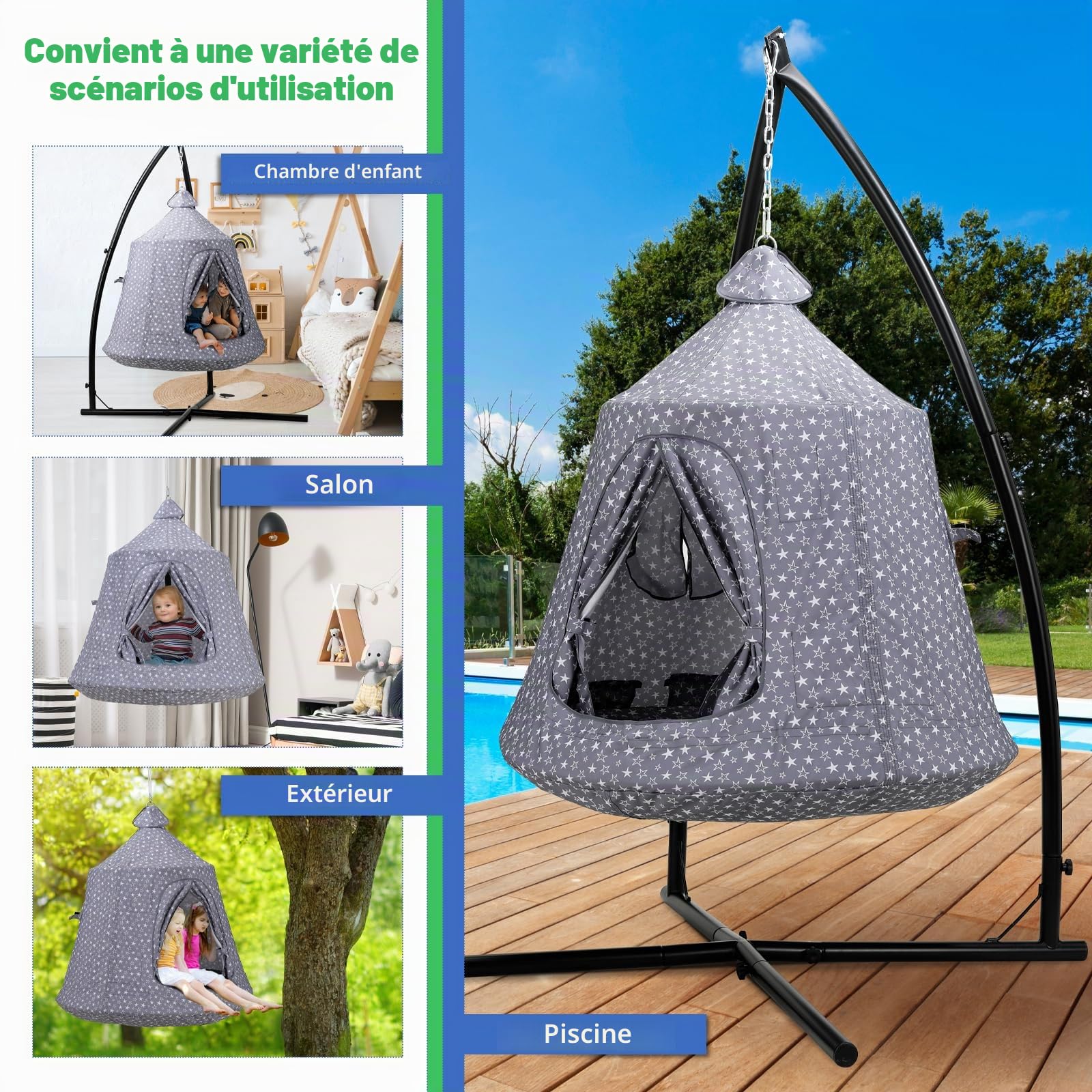 MAMIZO Fauteuil Suspendu extérieur et intérieur,Balançoire Nid d'Oiseau avec Tente,Hamac sur Pied,Fauteuil Relax de Jardin avec lumières LED,capacité de Charge 150 kg,Grau