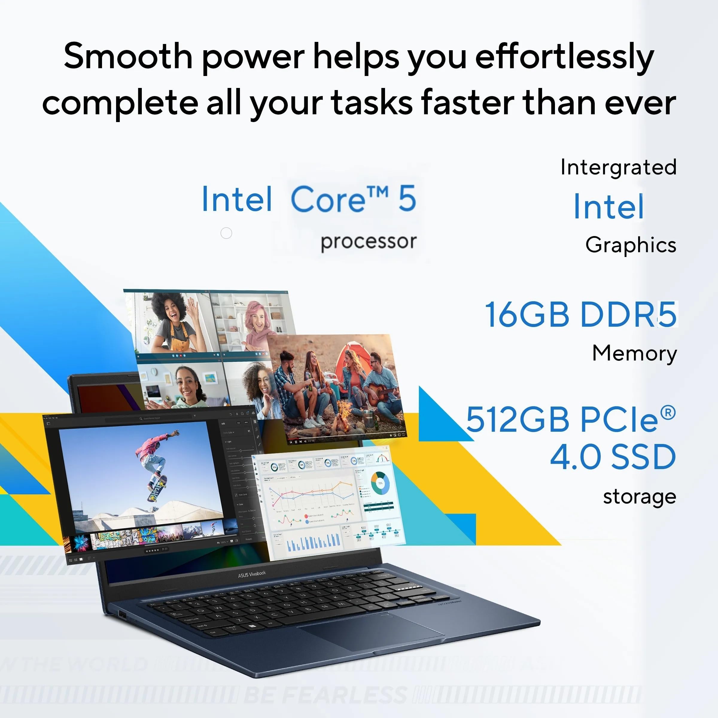 ASUS Vivobook 14, (i5 14th Gen) Intel Core 5 120U, Thin & Light Laptop(16GB RAM/512GB SSD/FHD/14/60Hz/Fingerprint Reader/M365 Basic (1Year)*/Office Home 2024/Quiet Blue/1.4 Kg) X1404VAP-EB1542WS — Amazon image 2