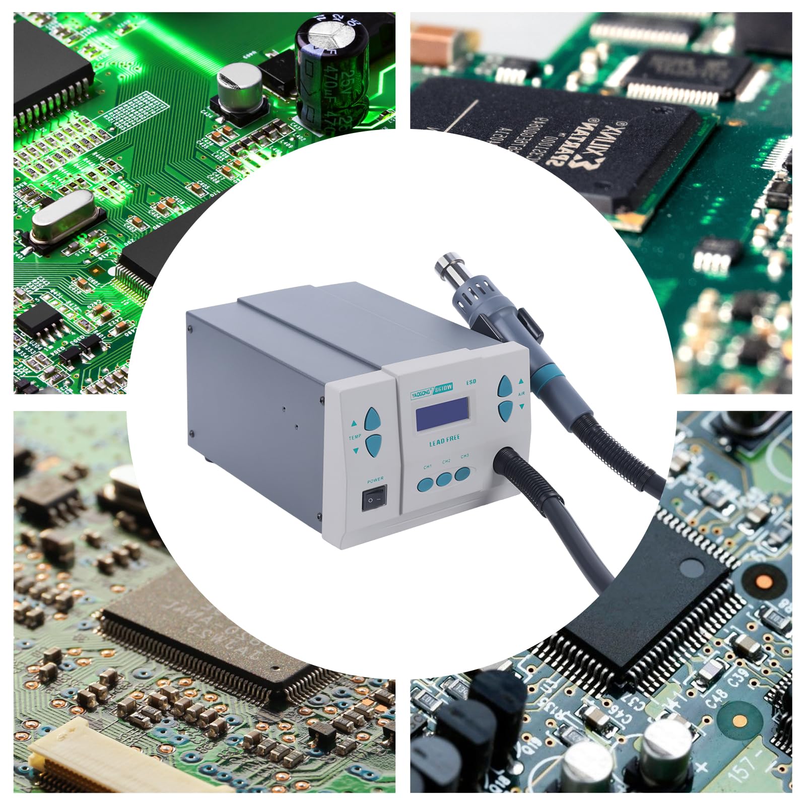 Fenjidrop 1000W Hot Air Rework Station with Digital Display, Hot Air Soldering Station with 3 Nozzles, Adjustable Temp (212-932°F), Password Lock, Heat Gun for PCB/SMD/BGA Repair & Soldering