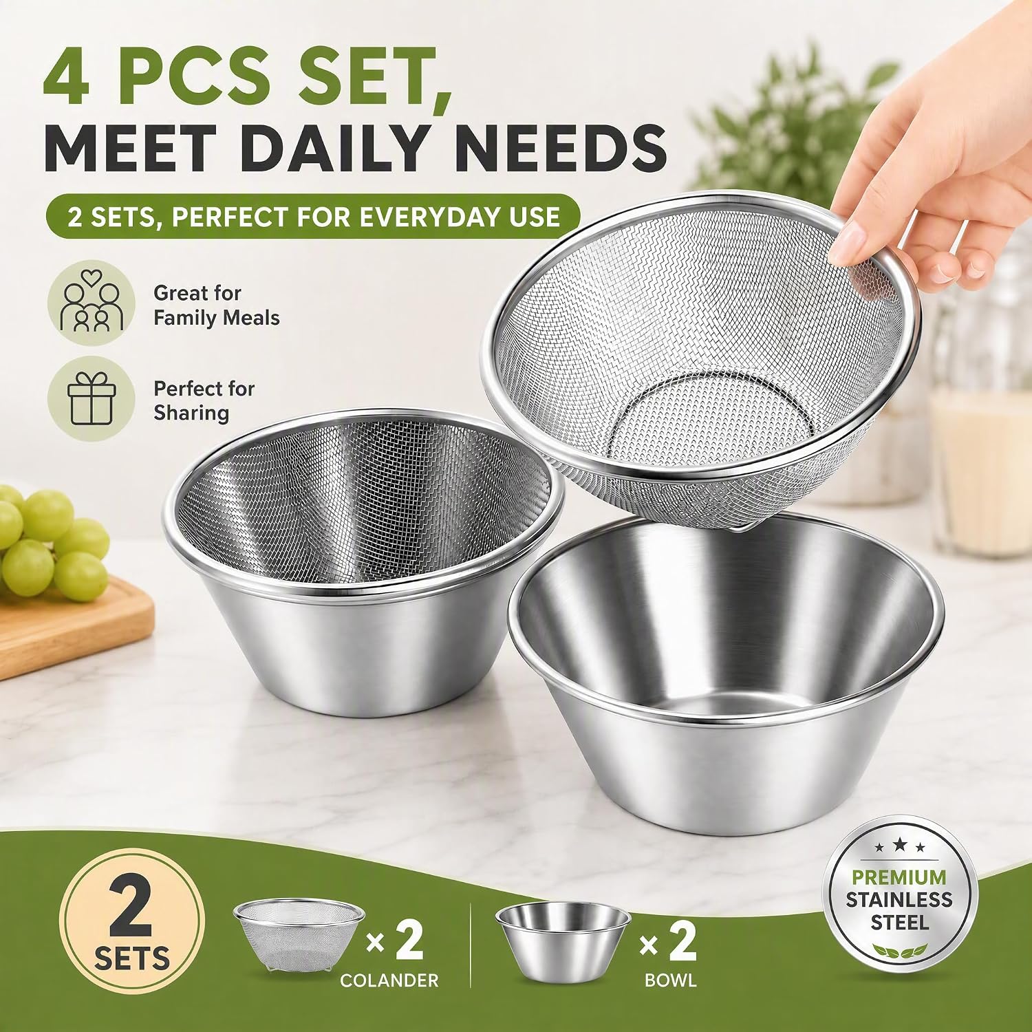 WRINGKIT 4 Pcs 304 Stainless Steel Colander Bowl Set, Dishwasher Safe