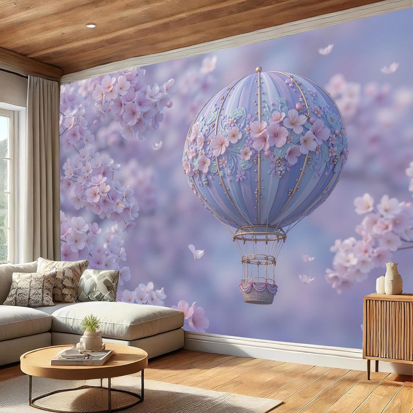 Papier Peint Panoramique Montgolfière Sakura, 250X175Cm (Lxh), Tapisserie Poster Geant Mural Rose Blush, Personnalisé 3D Pour Salon Chambre D'Enfants Décoration Murale Paysage De Rêve