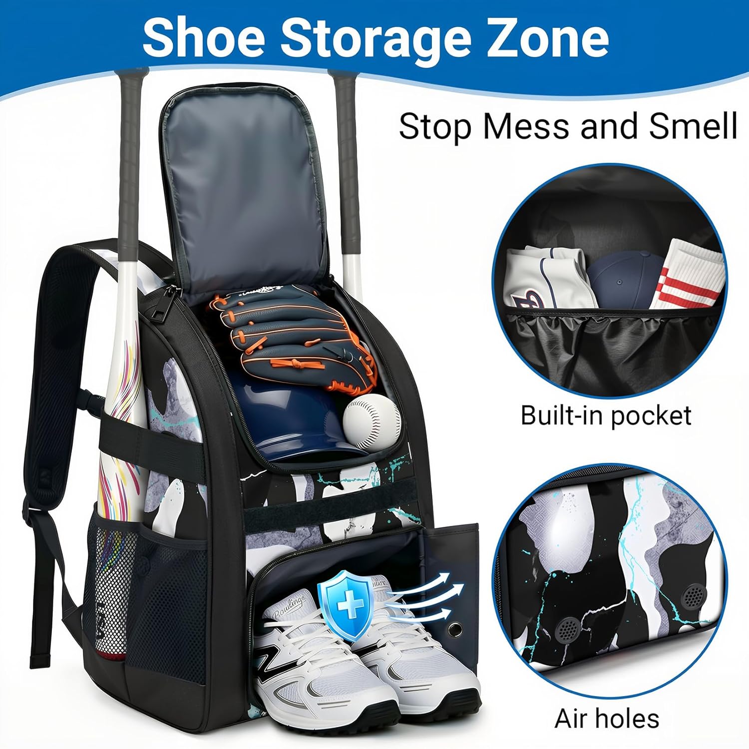 Youth Baseball Bag - Softball Bag for Girls & Boys with Shoes Compartment, Bat Backpack for Baseball, T-Ball & Softball Equipment - Image 2
