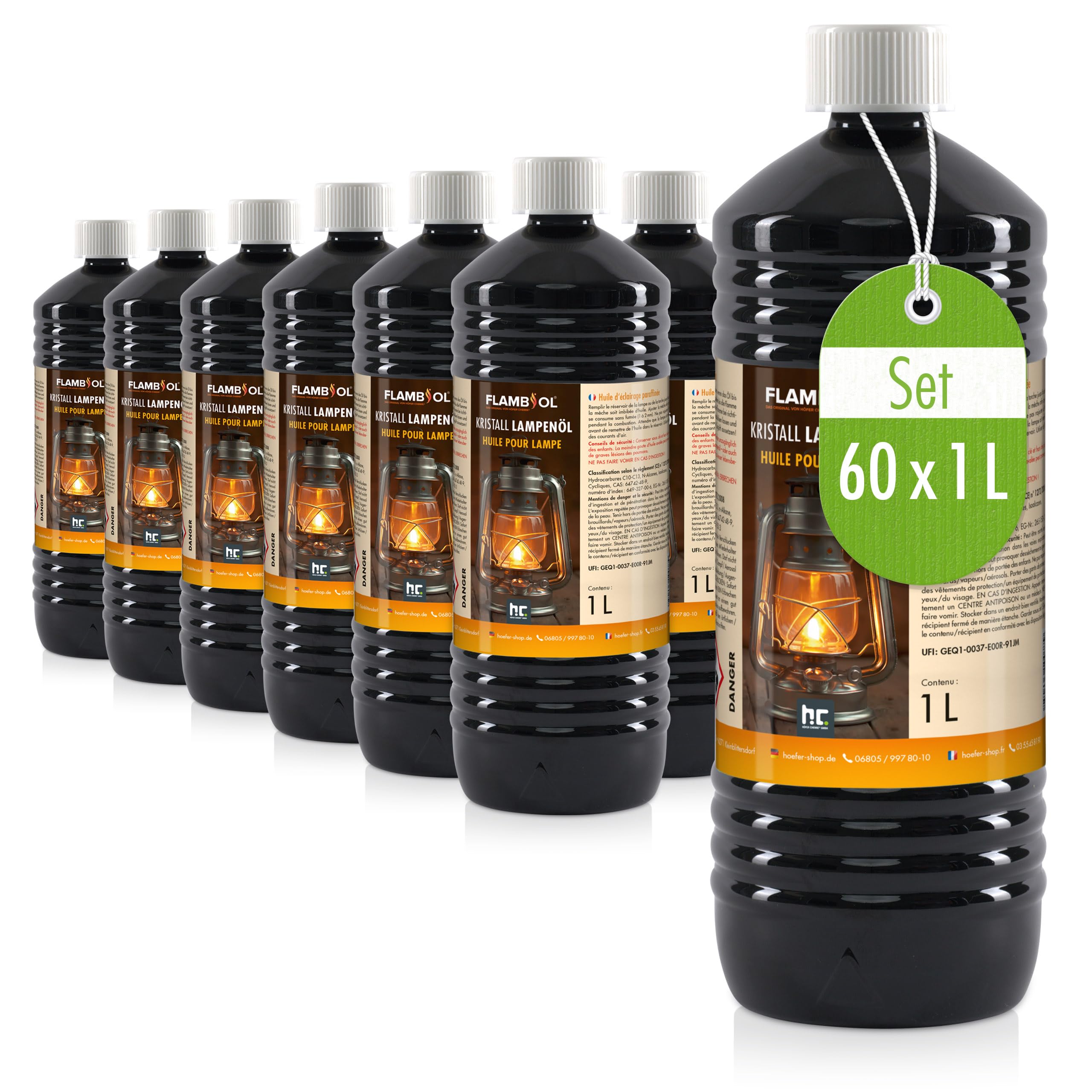 Höfer Chemie 60 x 1 L FLAMBIOL® Lampenöl hochrein geeignet für Öl-Lampen, Petroleum Lampen, Gartenfackeln & Sturmlaternen - Geruchlos, Rußfrei & mit Kindersicherheitsverschluß