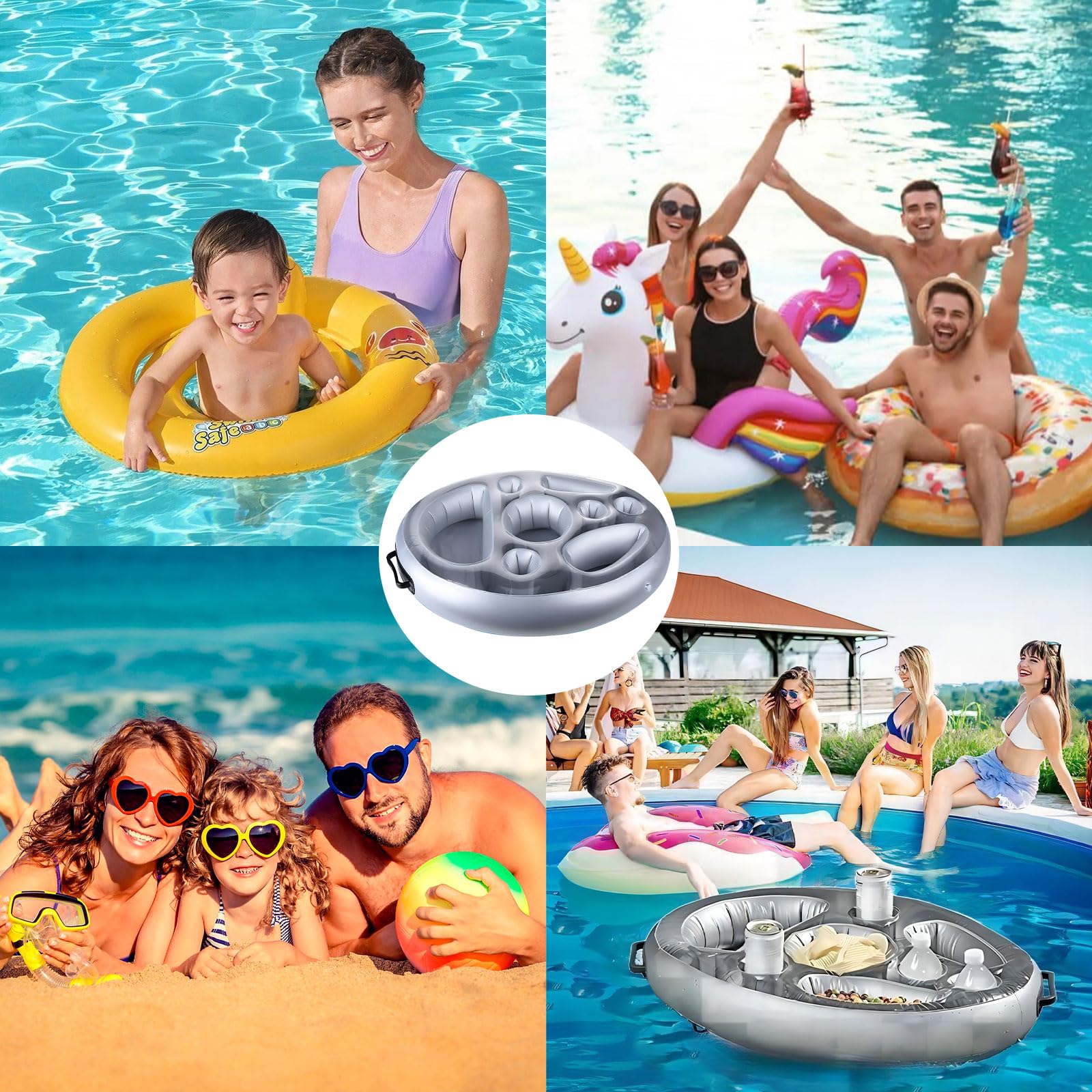 Amzeeniu Portabibite Gonfiabile Portabevande 2-in-1 e Porta Snack Bar Piscina Portabottiglie Galleggiante PVC Portabottiglie Gonfiabile Galleggiante Festa in Piscina Estiva