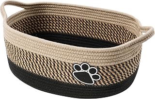STOB SK Handmade Cotton Rope Woven Storage Basket with Handle - Small Light Beige Organizer for Toys, Dog Toys, Nursery Gift, Pet Bed