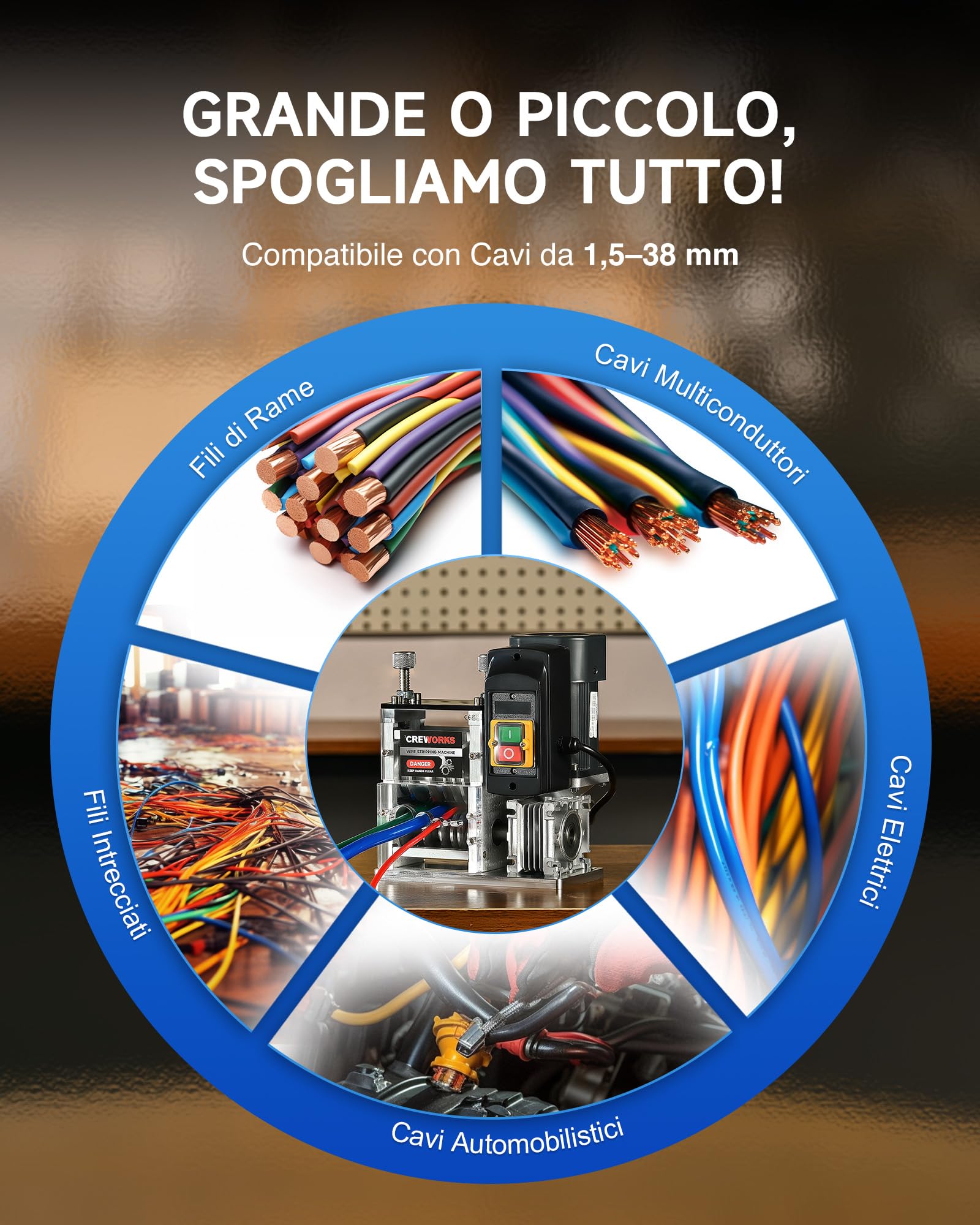 CREWORKS 370W Macchina Spellacavi Elettrica Professionale 30 m/min Spelafili Cavo Sguainacavi per Recupero Rame Φ1,5 mm-Φ38 mm Spelafili da Banco Cavo Portatile a 11 Multi-Fori