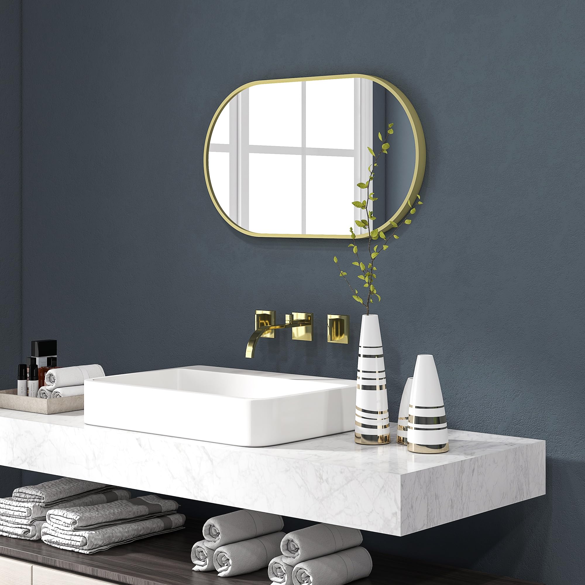 HOMCOM Espejo de Baño Ovalado 40x70 cm con Marco de Aluminio Espejo de Pared Decorativo Horizontal o Vertical para Salón Entrada Pasillo Dorado