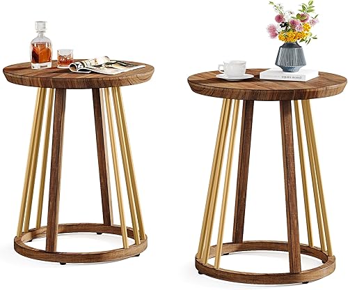 Tribesigns Mesa auxiliar redonda dorada, juego de 2 mesas de noche redondas modernas para sofá, mesa auxiliar de madera con marco de metal para sala