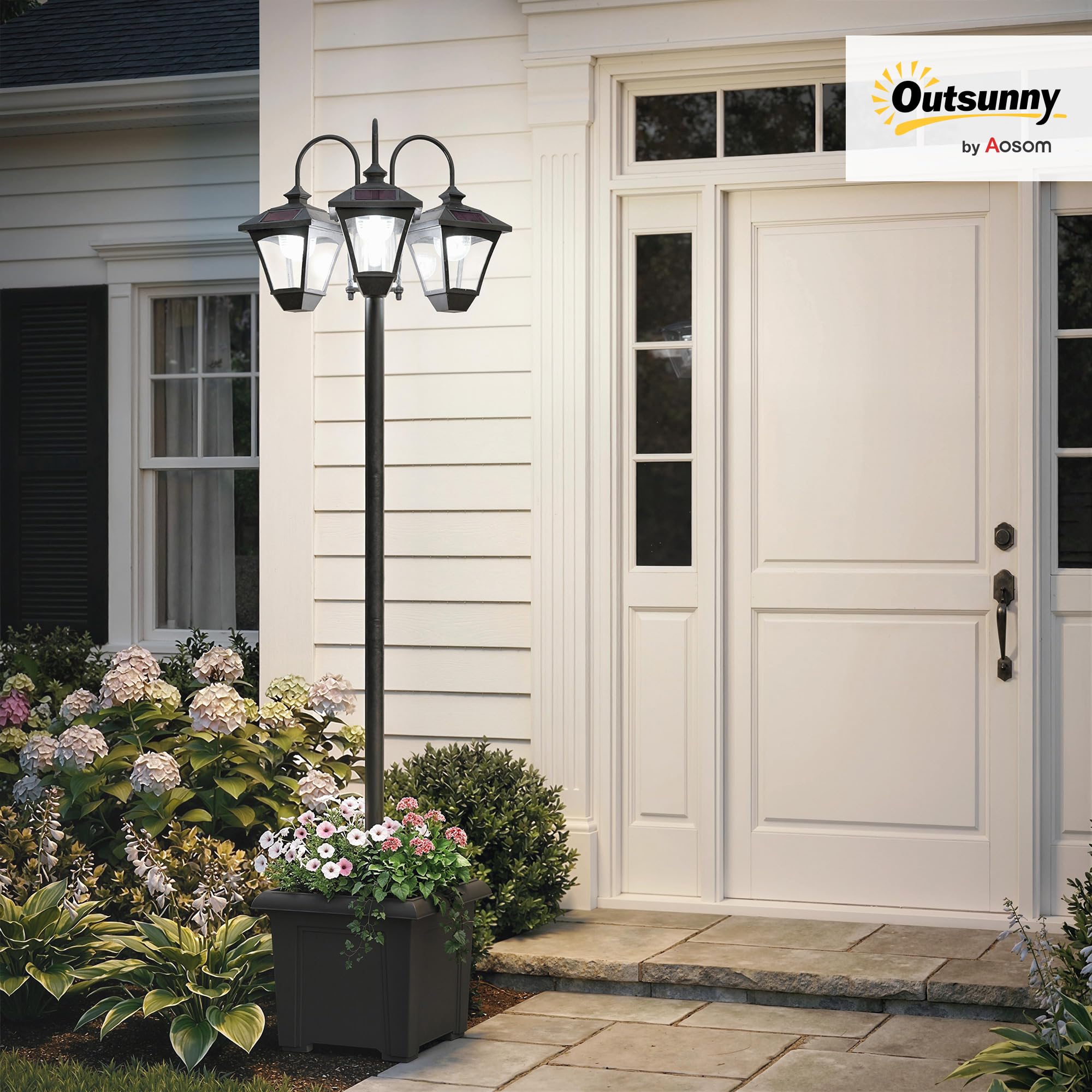 Outsunny Farola Solar Exterior de Jardín con Macetero 3 Cabezales Impermeable IP44 Encendido/Apagado Automático y Altura Ajustable Luz Solar de Exterior LED para Terraza Patio 52x52x185 cm Negro