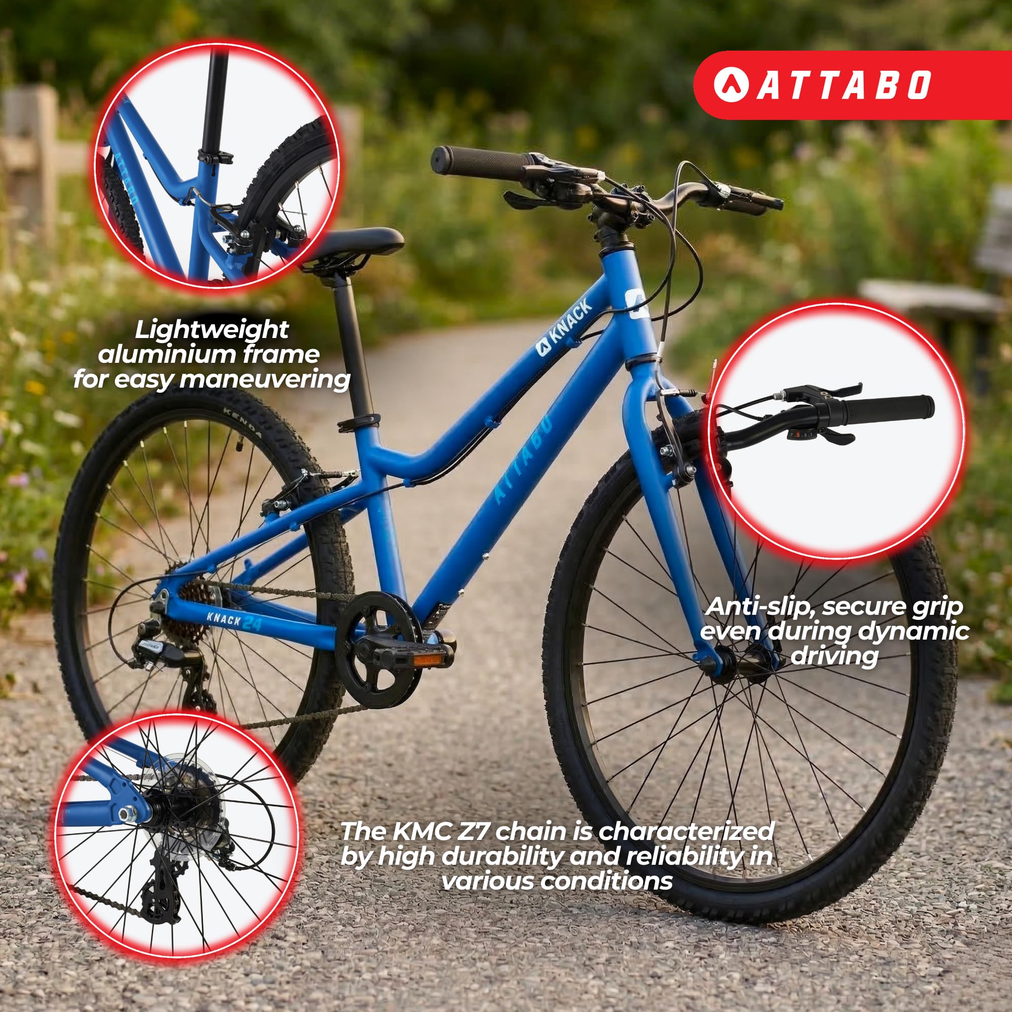ATTABO Leichtes Fahrrad für Alltag und Touren – Jugendfahrrad – Aluminium – 24 Zoll Blau – Für Jungen und Mädchen