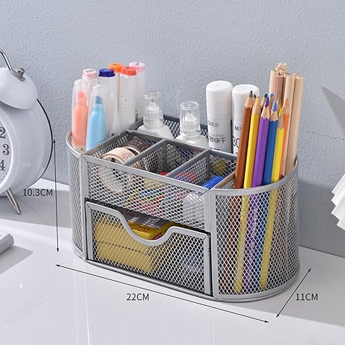 Miniatura 8 de Organizador de escritorio de malla azul, soporte para lápices para escritorio, accesorios de escritorio de oficina de malla con 8 compartimentos y 1