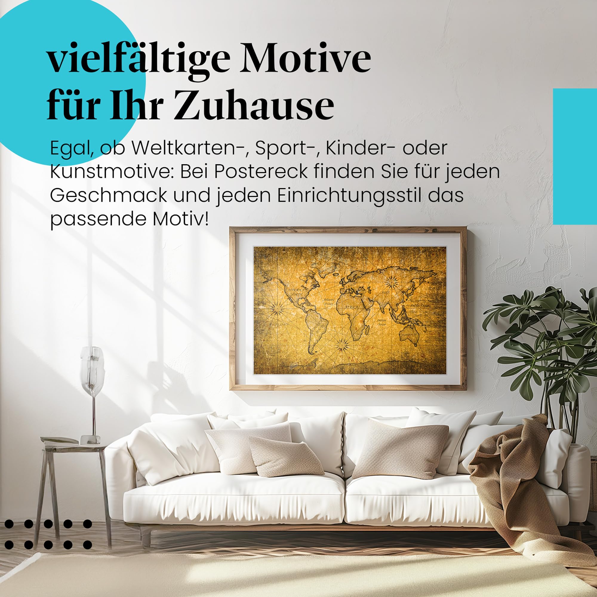 Postereck - 2077 - Alte Weltkarte, Kontinente Geografie Weltmeere - Unterricht Klassenzimmer Schule Wandposter Fotoposter Bilder Wandbild Wandbilder - Leinwand - 100,0 cm x 75,0 cm
