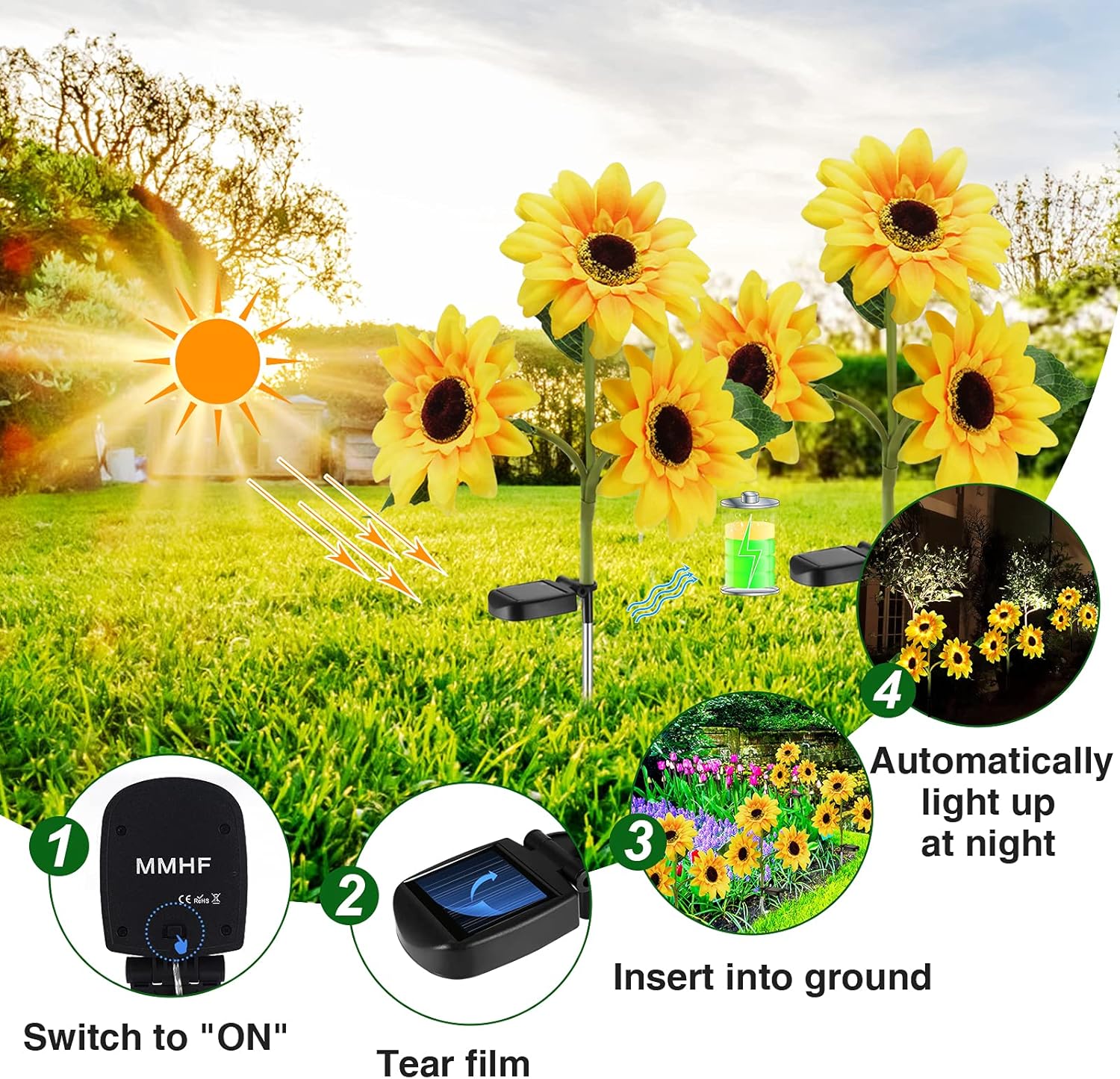 Outdoor Solar Garden Stake Lights,Upgraded LED Solar Powered Light with 3 Sunflower, Waterproof Solar Decorative Lights for Garden, Patio, Backyard (2 Pack 6 Flower)