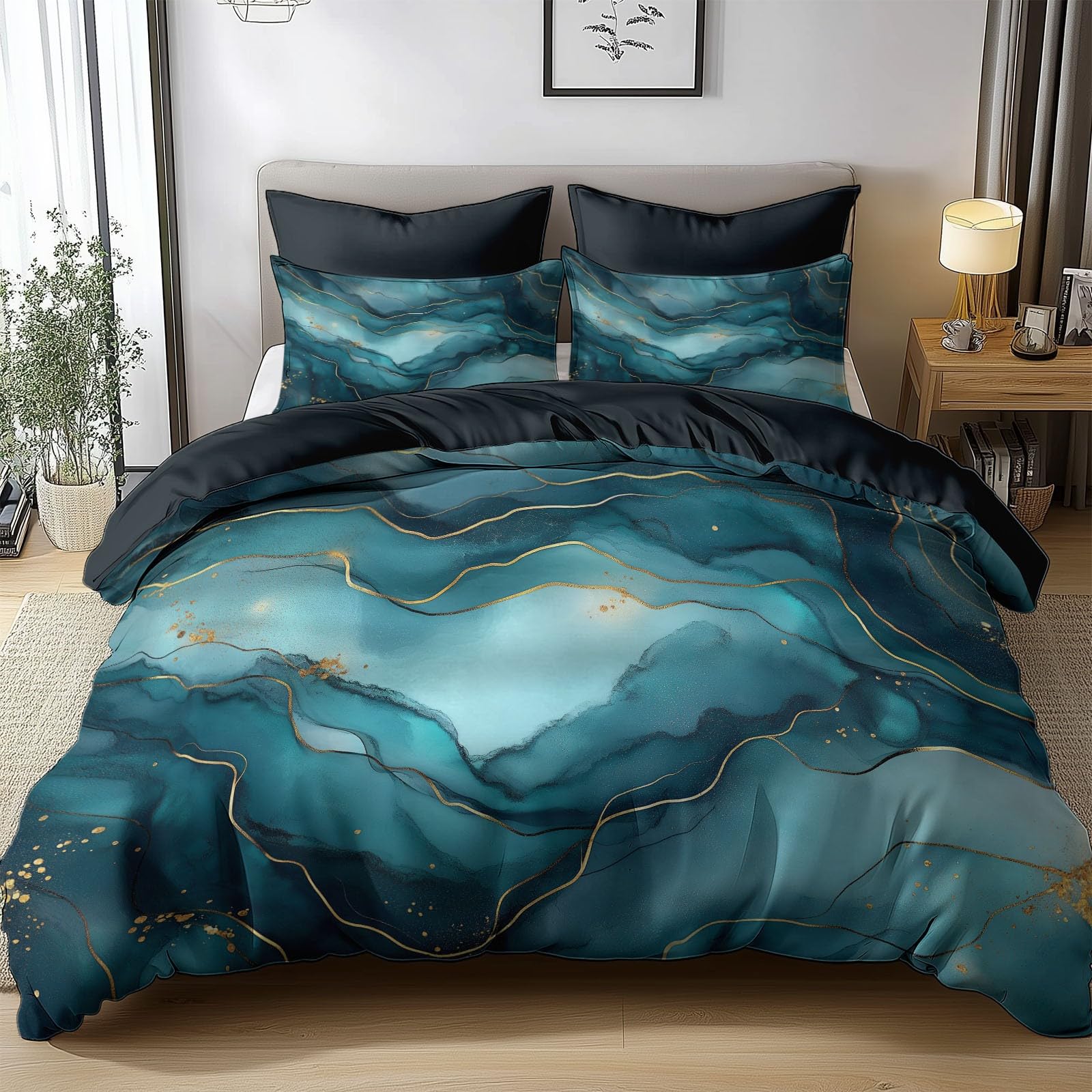 Bedding Duvet Cover Set Single 135x200 cm Marble Blue Easy Care Quilt Covers Soft Polycotton Bedding Set Breathable Hypoallergenic Bed Covers with 2 Pillowcases