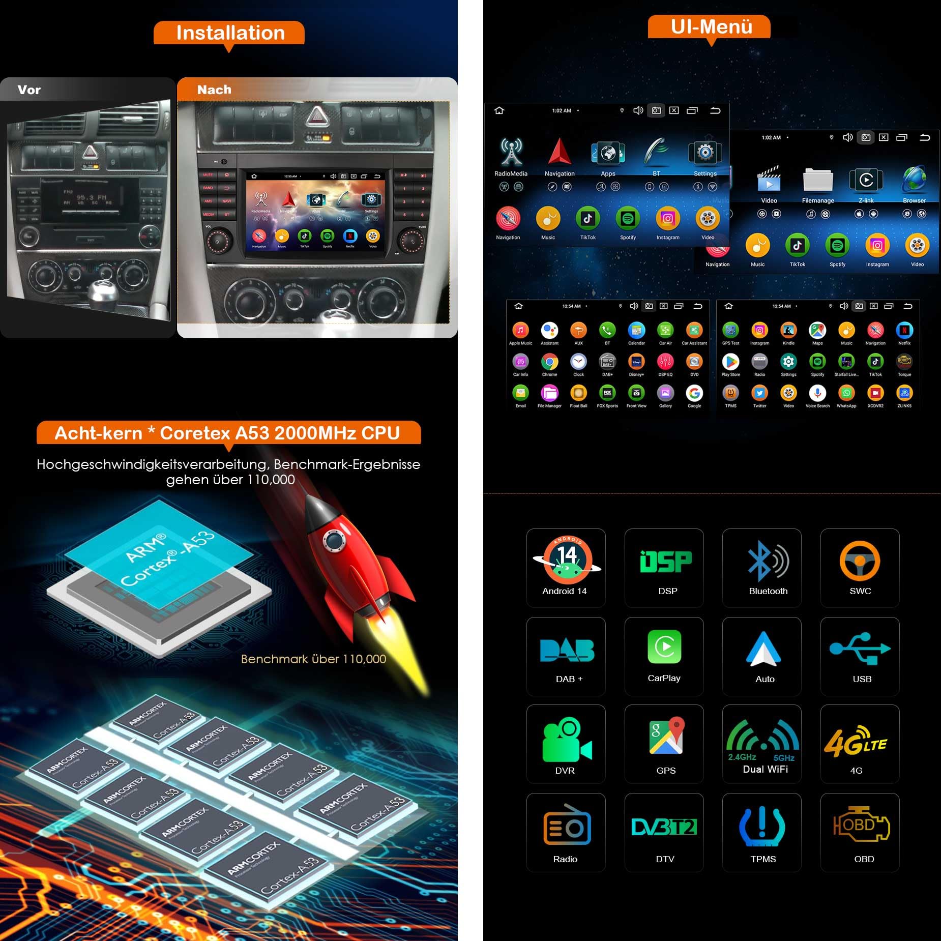 Erisin 8-Kern 4GB+64GB Android 16 Autoradio GPS Navi für Mercedes Benz C-Klasse W203 CLC Klasse W203 C180 G-Klasse W463 Unterstützt Bluetooth 7 Zoll Touchscreen CarPlay Android Auto DAB+ WiFi Canbus