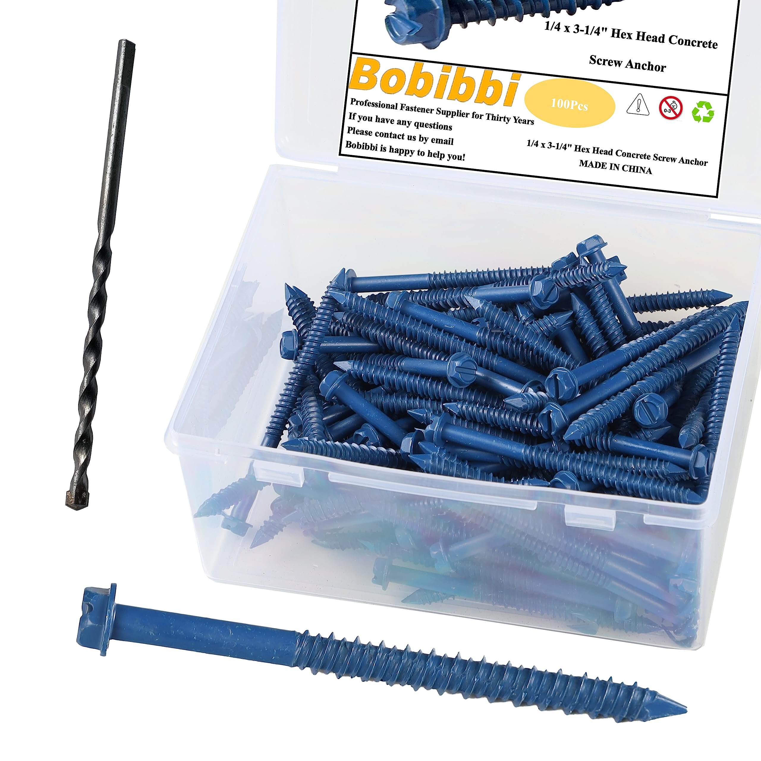 1/4 x 3-1/4" Hex Head Concrete Screw Anchor, for Anchoring to Masonry, Block or Brick (100Pcs)