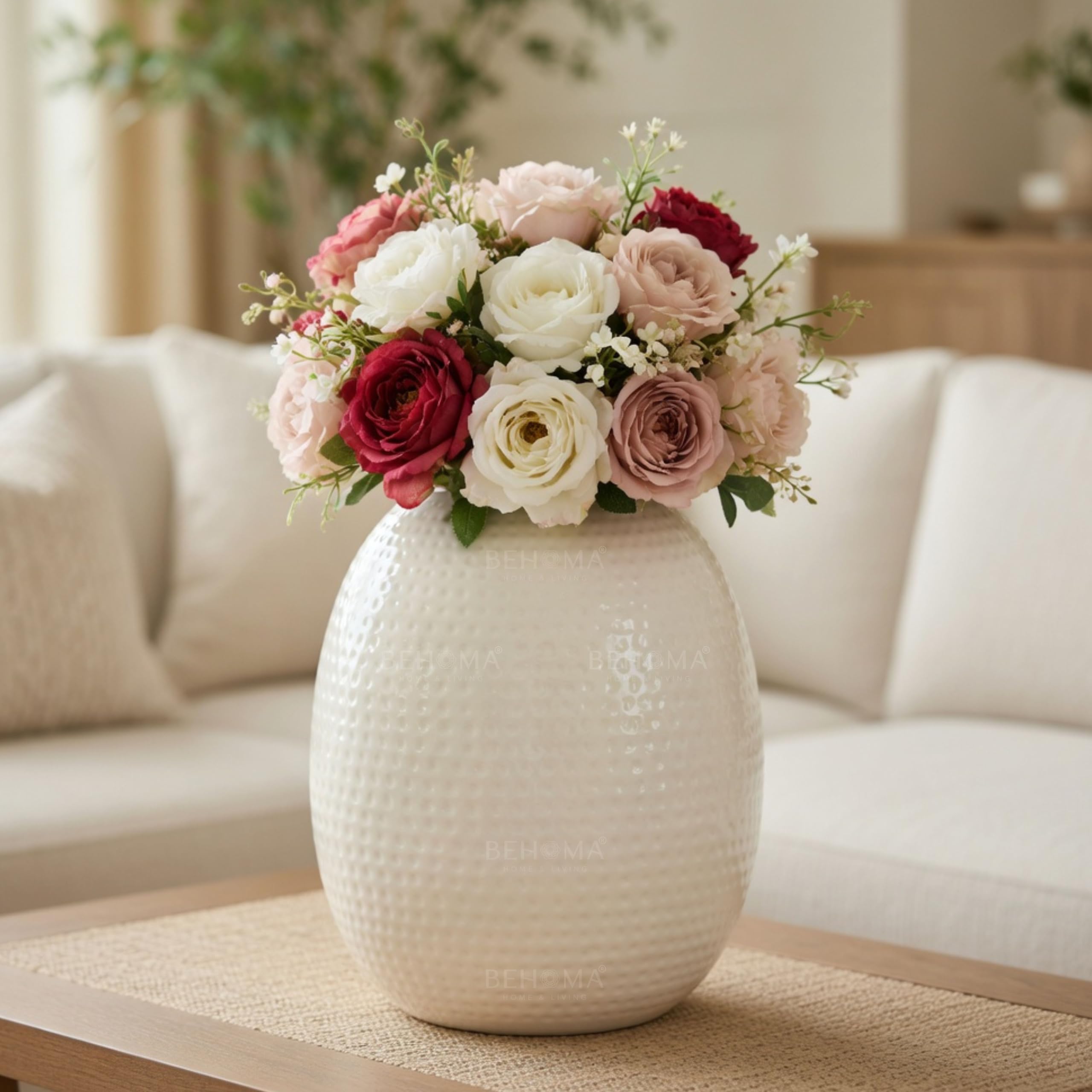 Behoma White Metal Hammered Oval Shape Vase for Home Decor Decoratives for Indoor Outdoor Living Room Balcony | Best Gift for Birthday Anniversary Festival | 1 Large Pcs (Flower not Included)-image-9
