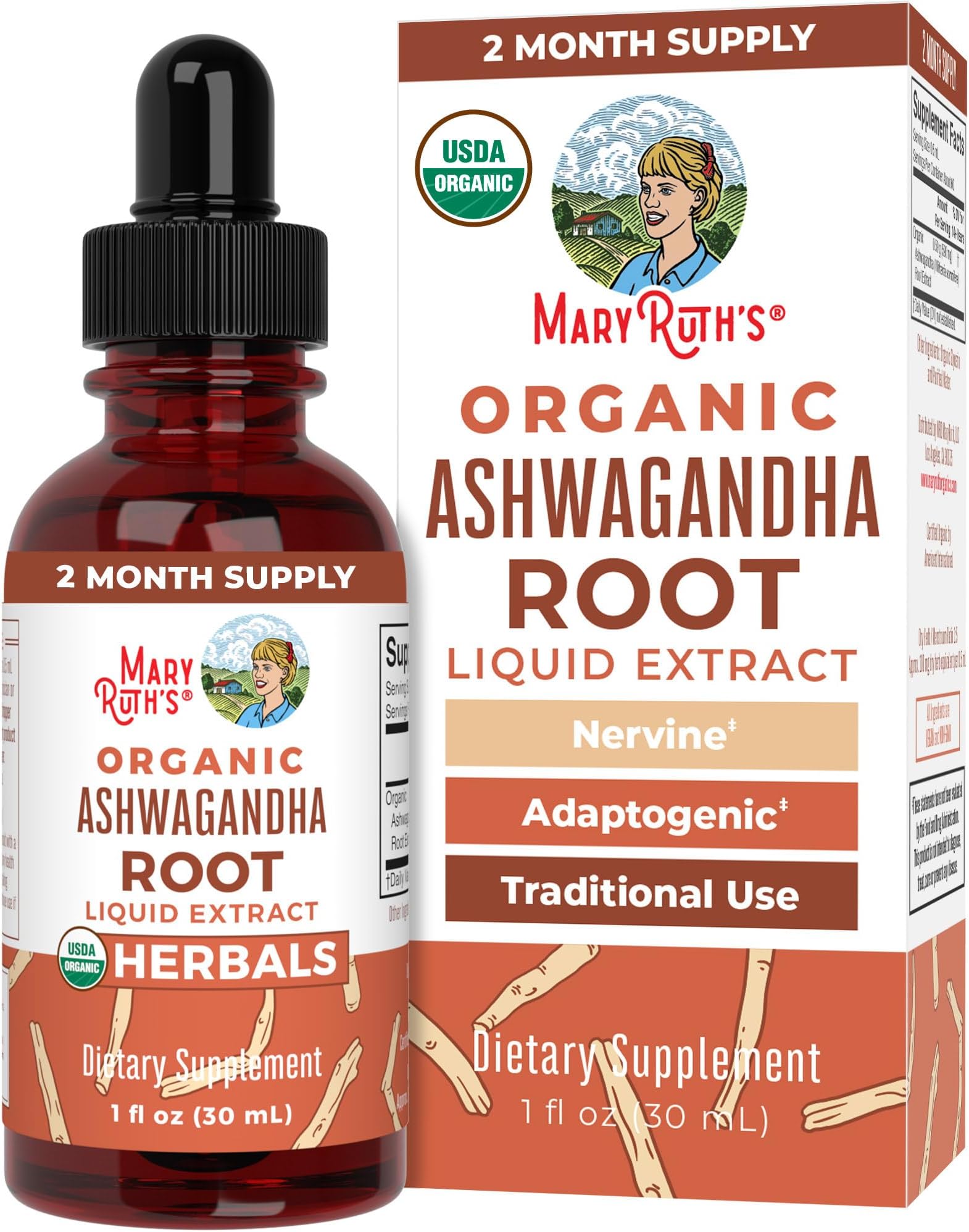 MaryRuth Organics Ashwagandha Root Liquid Drops | USDA Organic | Stress Relief, Calming, Relaxation, Mood Support | Adaptogenic, Nervine | Vegan | Non-GMO | 60 Servings