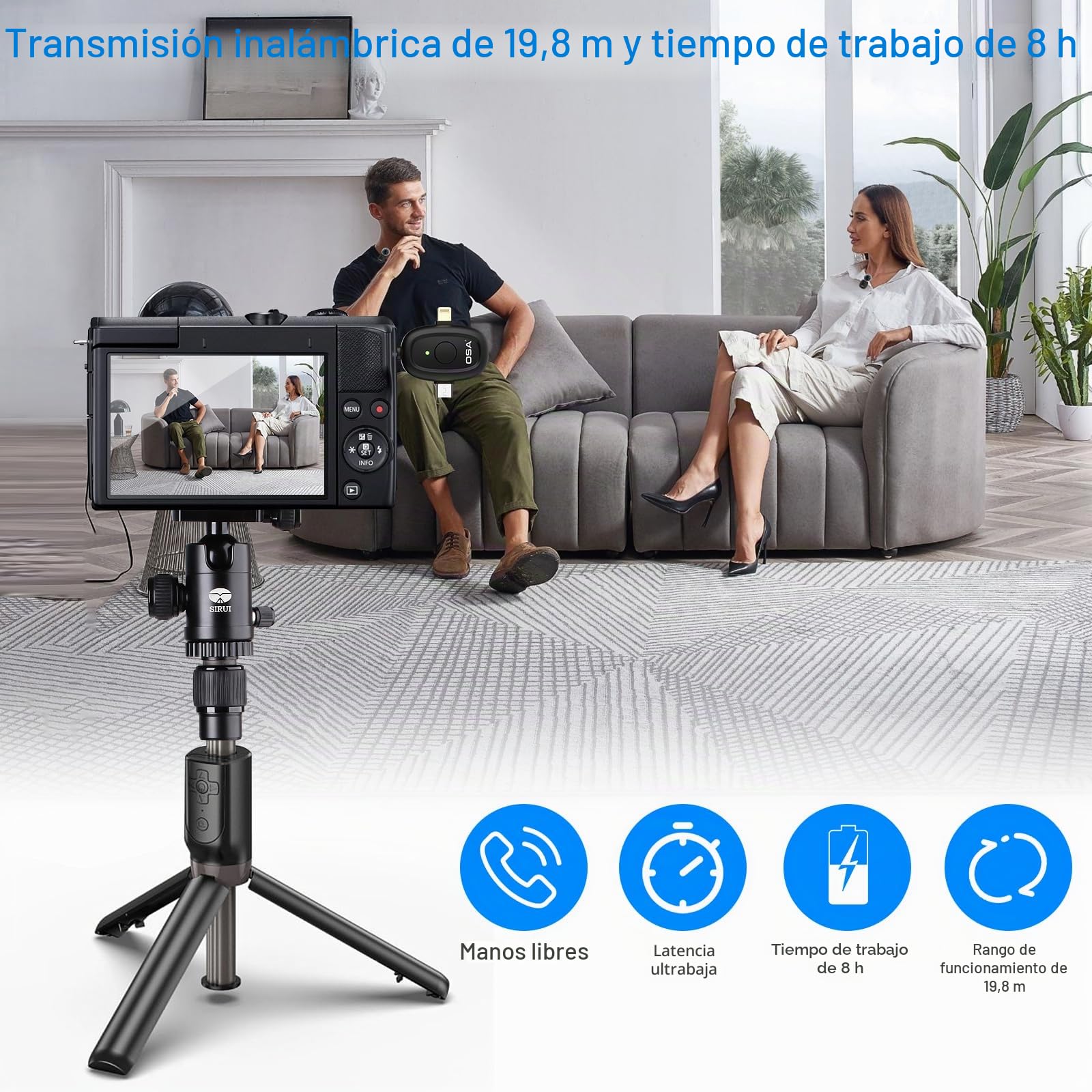 OSA 3 en 1 microfono inalambrico para cámara, iOS, Android y portátil, 8H Long Working Time Lapel Mic con reducción de Ruido para grabación de vídeo, Vlog, Youtube, TikTok