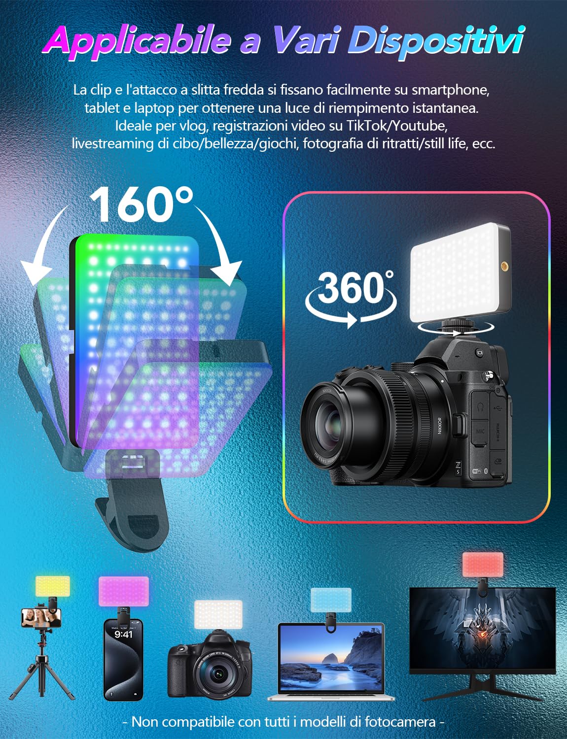 Luce Video RGB CIYYFVA 138 LED Portatile | Ricaricabile, CCT Regolabile, Effetti Speciali, Per Selfie, Vlog E Dirette Streaming - 5
