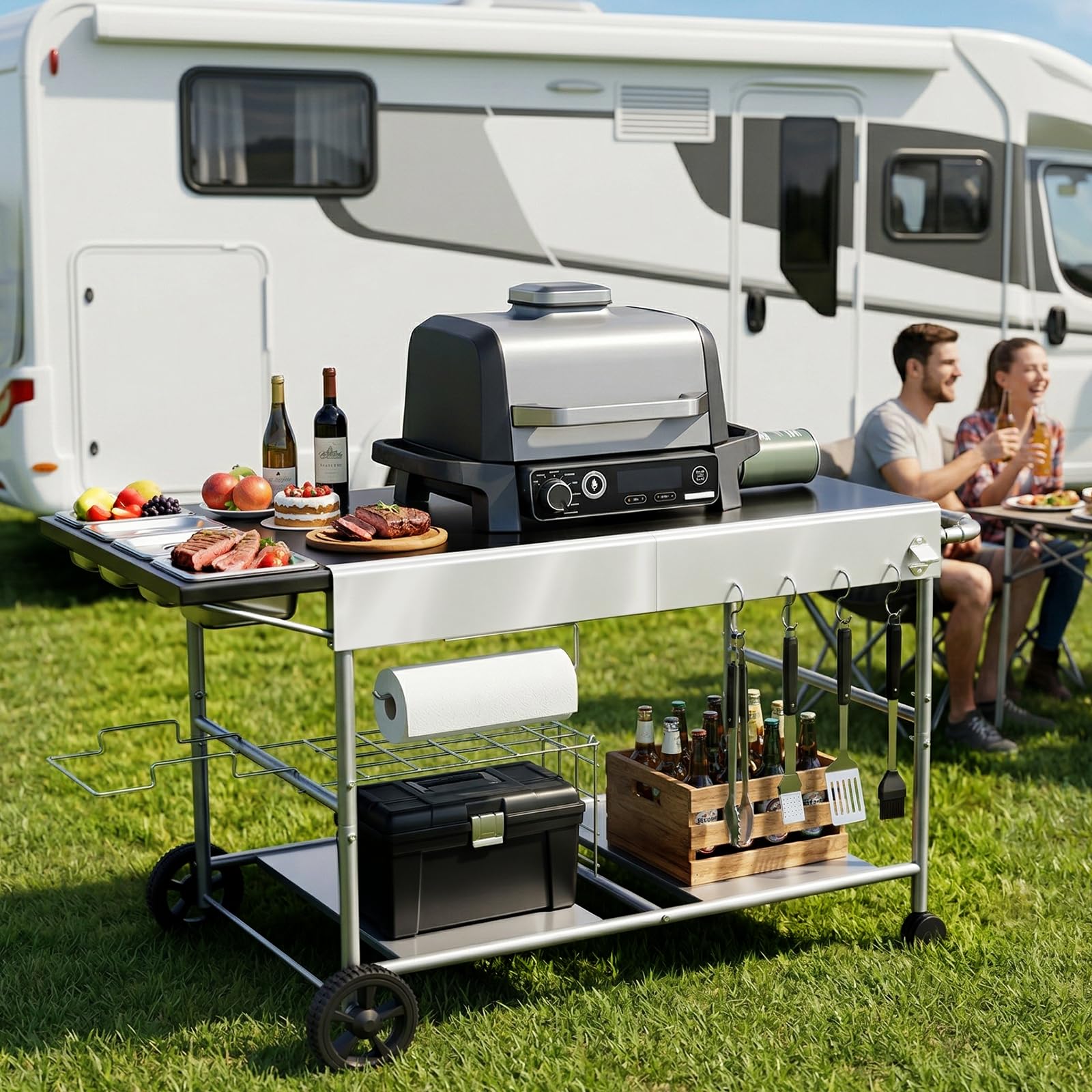 Denmay 128 x 66 x 78 cm carro de barbacoa para Weber Q Serie, Ninja Woodfire, horno de pizza, parrilla de mesa, horno para pizza, carrito de servir con gran superficie de trabajo, mesa de barbacoa al