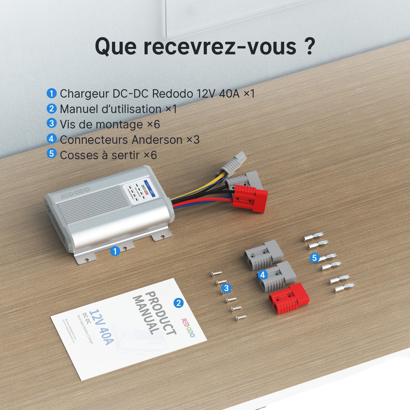 Redodo Chargeur DC DC 12V 40A avec MPPT Intégré, Chargeur de Batterie LiFePO4 pour Camping-Car, Batterie Auxiliaire, Alternateur Intelligent, AGM, Gel, Plomb