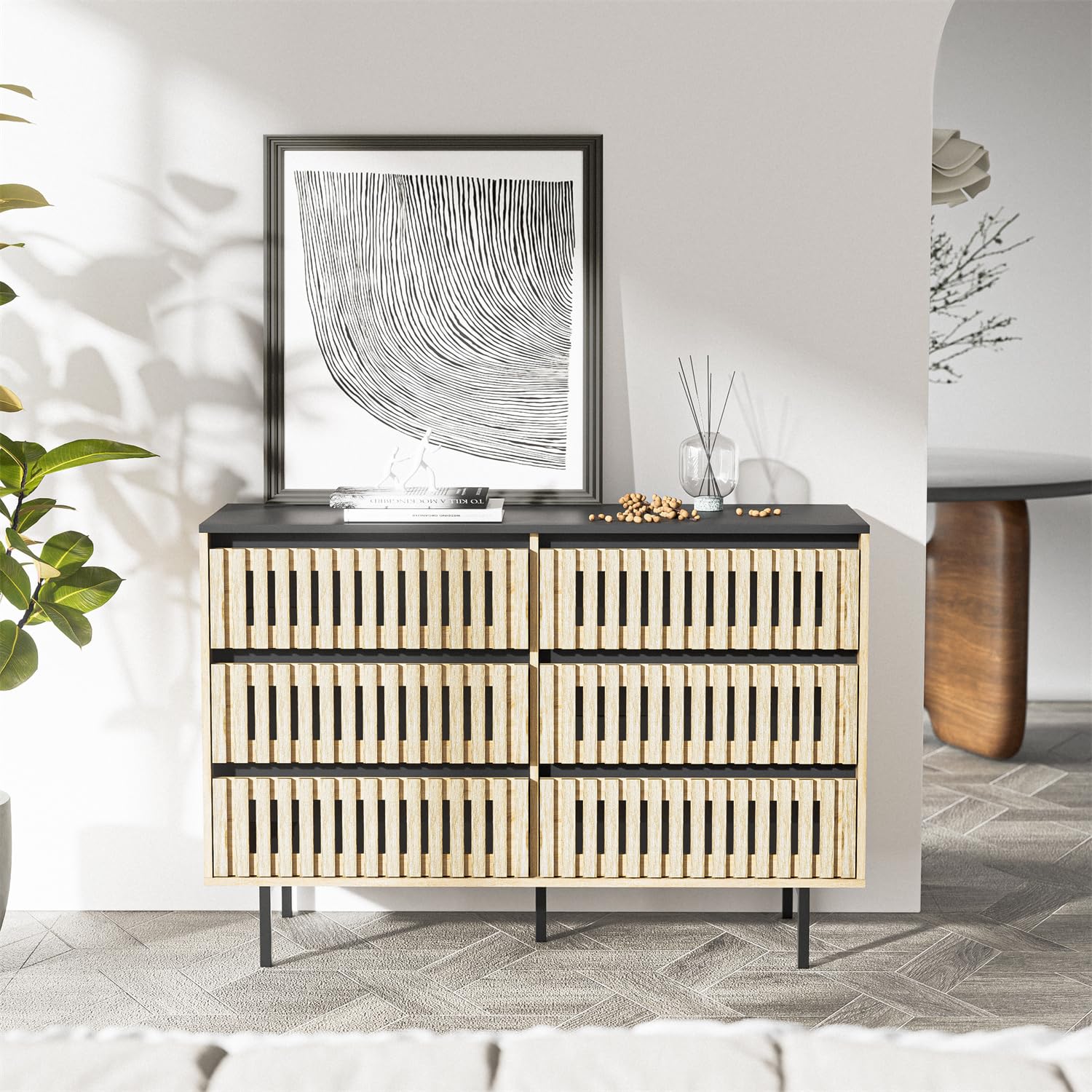 ZeHuoGe Sideboard Cabinet with 6 Drawers, Buffet Storage Cabinet with Slatted Shelves, with Vertical Striped Hollow Design