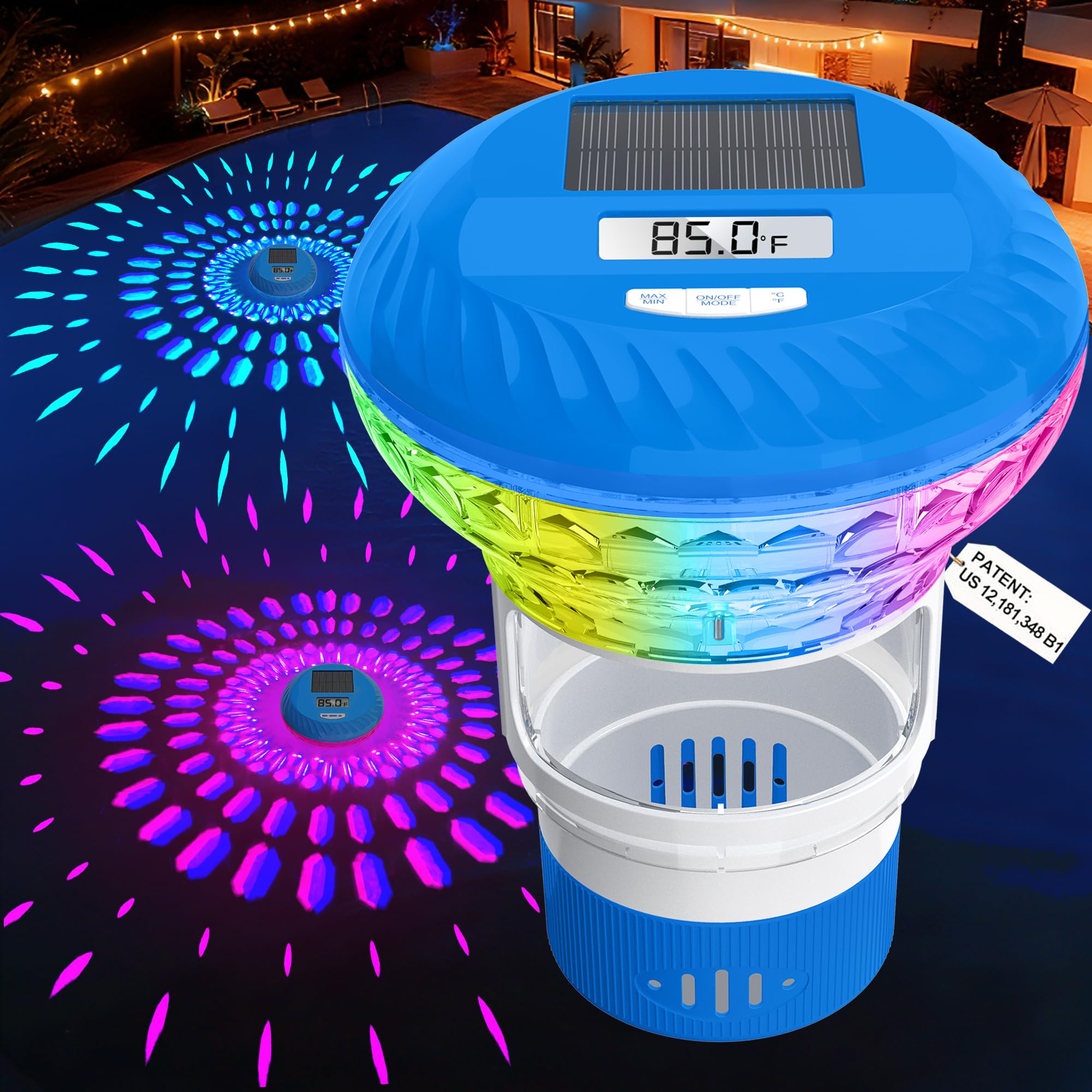 Flotador de cloro para piscina mejorado 2026 con termómetro, pantalla digital, flotadores solares de cloro para piscina con luz, dispensador de cloro flotante con control de botón para piscina