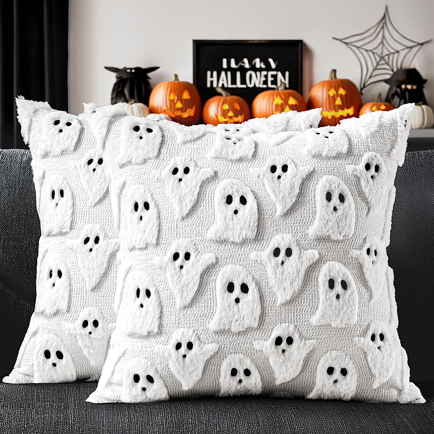 MIULEE Halloween Pillow Covers Cute Ghost Spooky Fall Throw Pillows Set of 2 Soft Plush Faux Fur Decorative Cushion Covers for Couch Sofa Bed Porch Living Room Halloween Decor 18x18 inch White