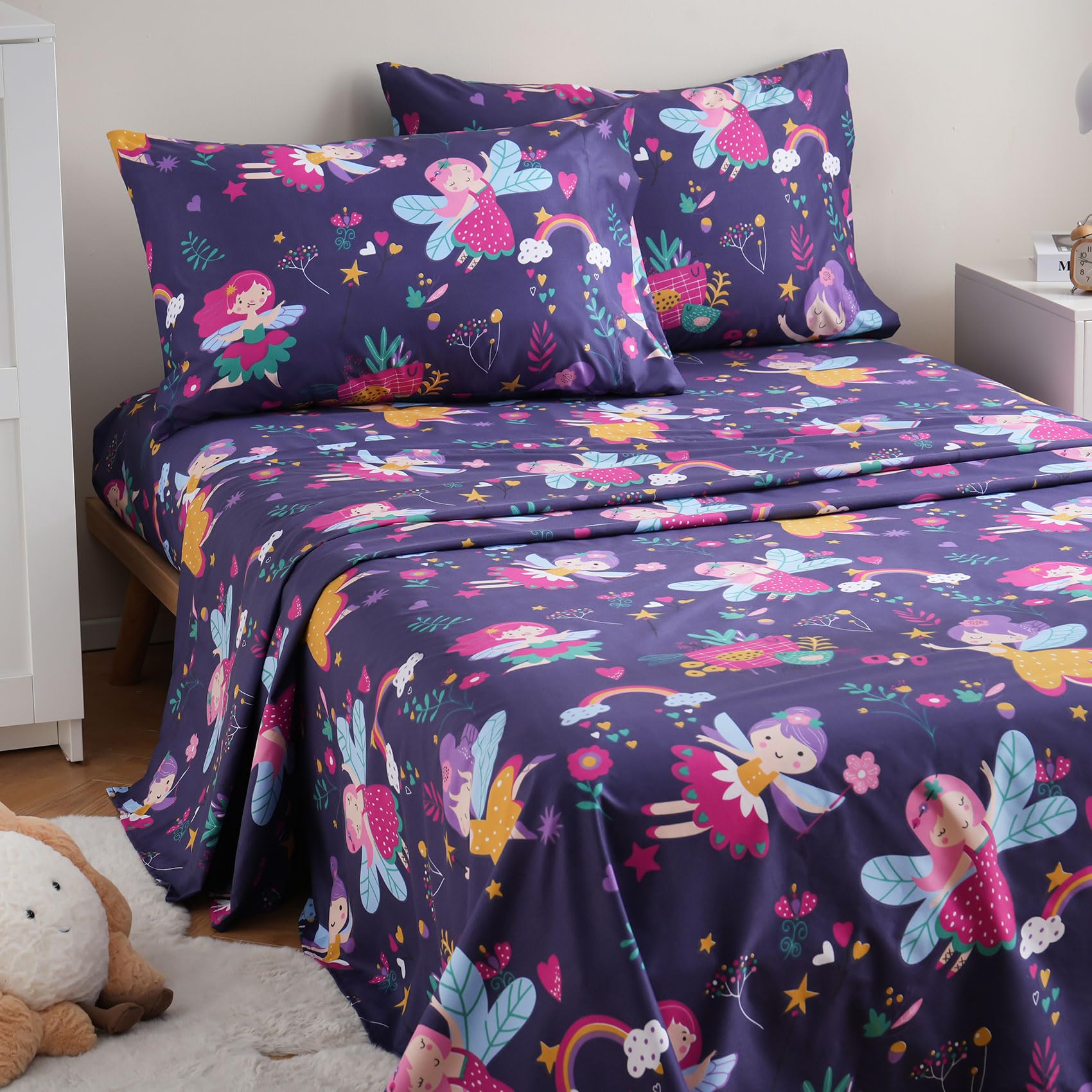JSD Purple Fairy Floral Kids Twin Sheet Set for Girls 3 Piece